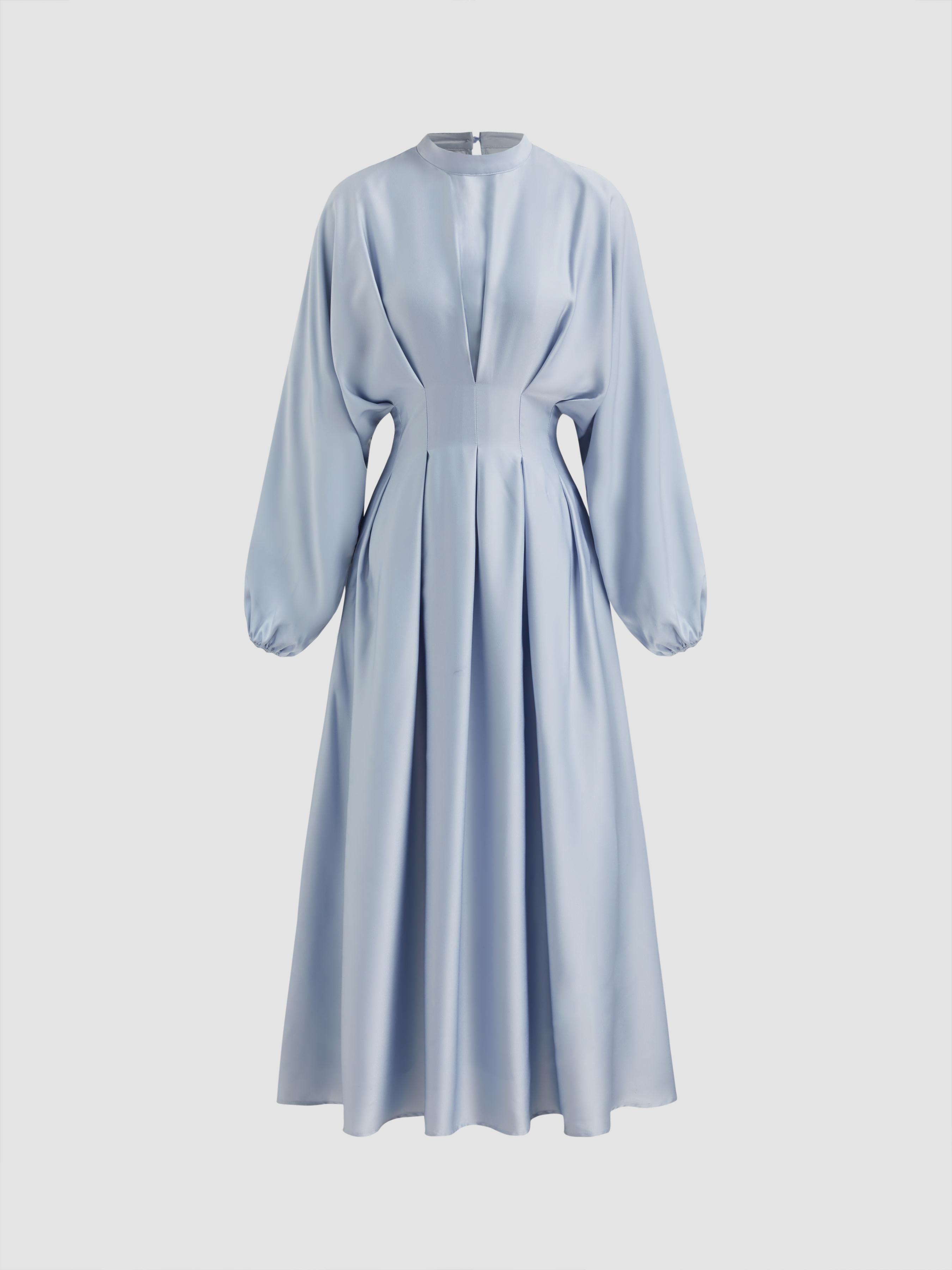 Stand Collar Pleated Cinched Waist Long Sleeve Maxi Dress by CIDER