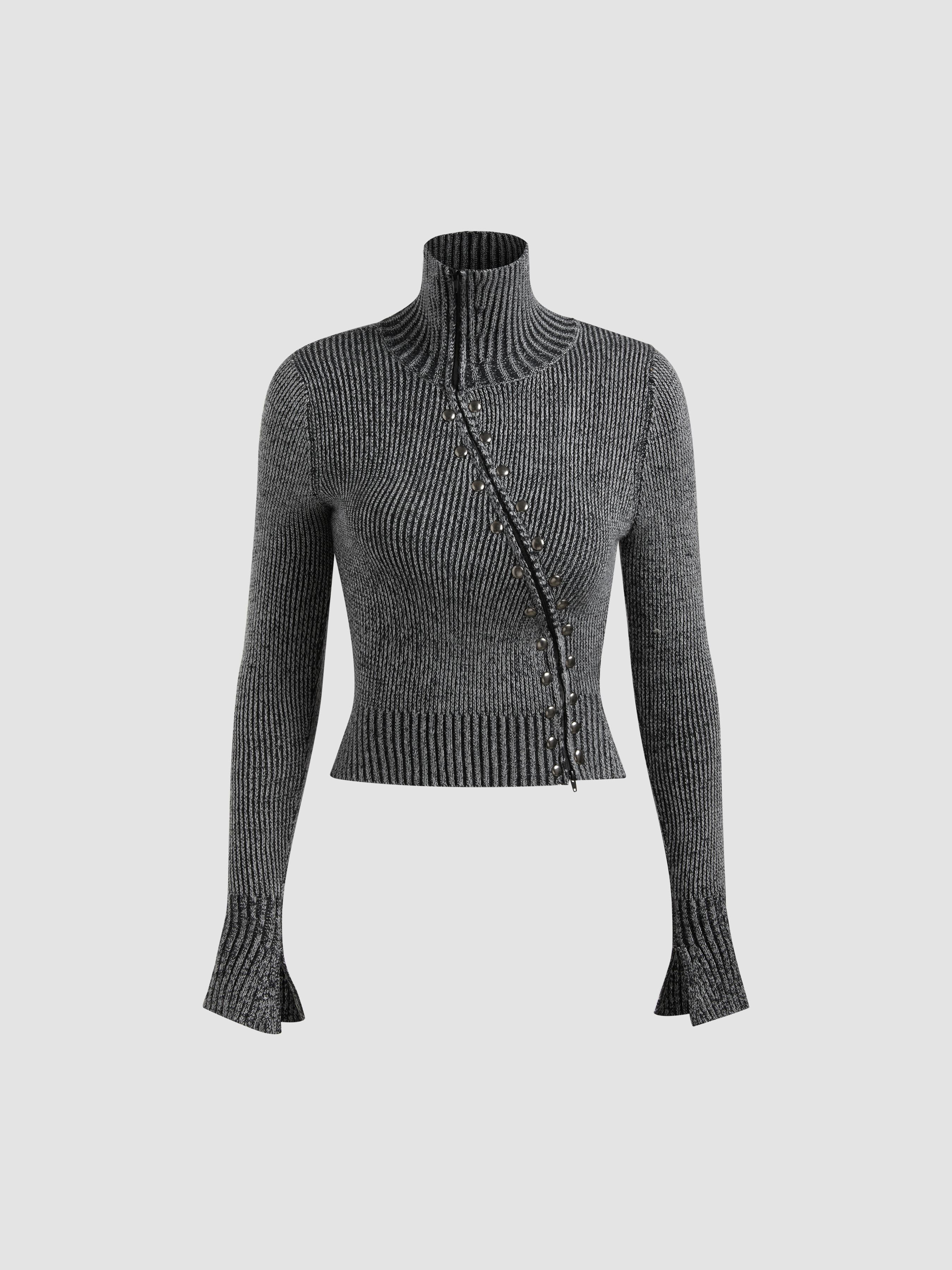 Stand Collar Rivet Zipper Cardigan by CIDER