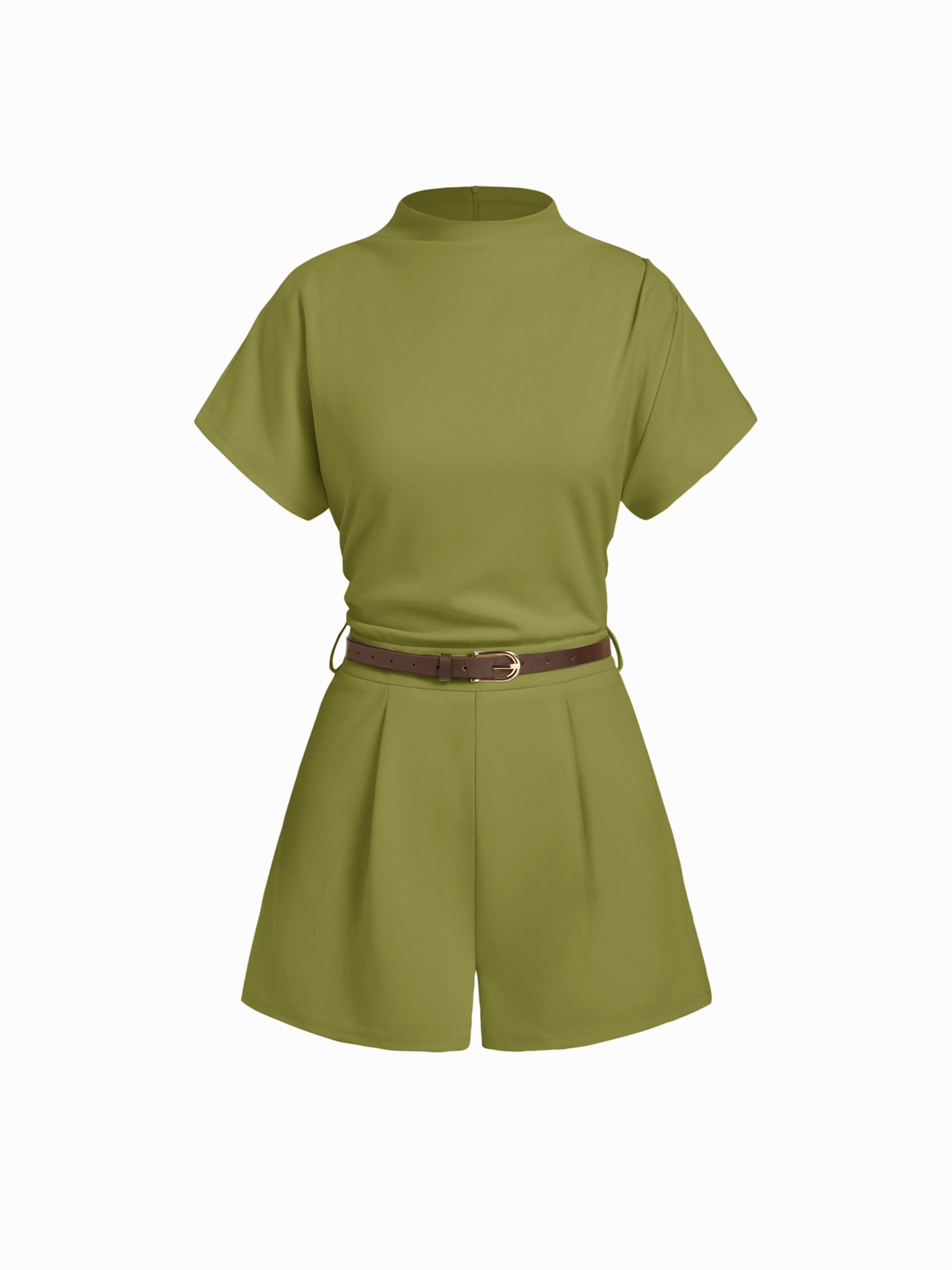 Stand Collar Romper With Belt by CIDER