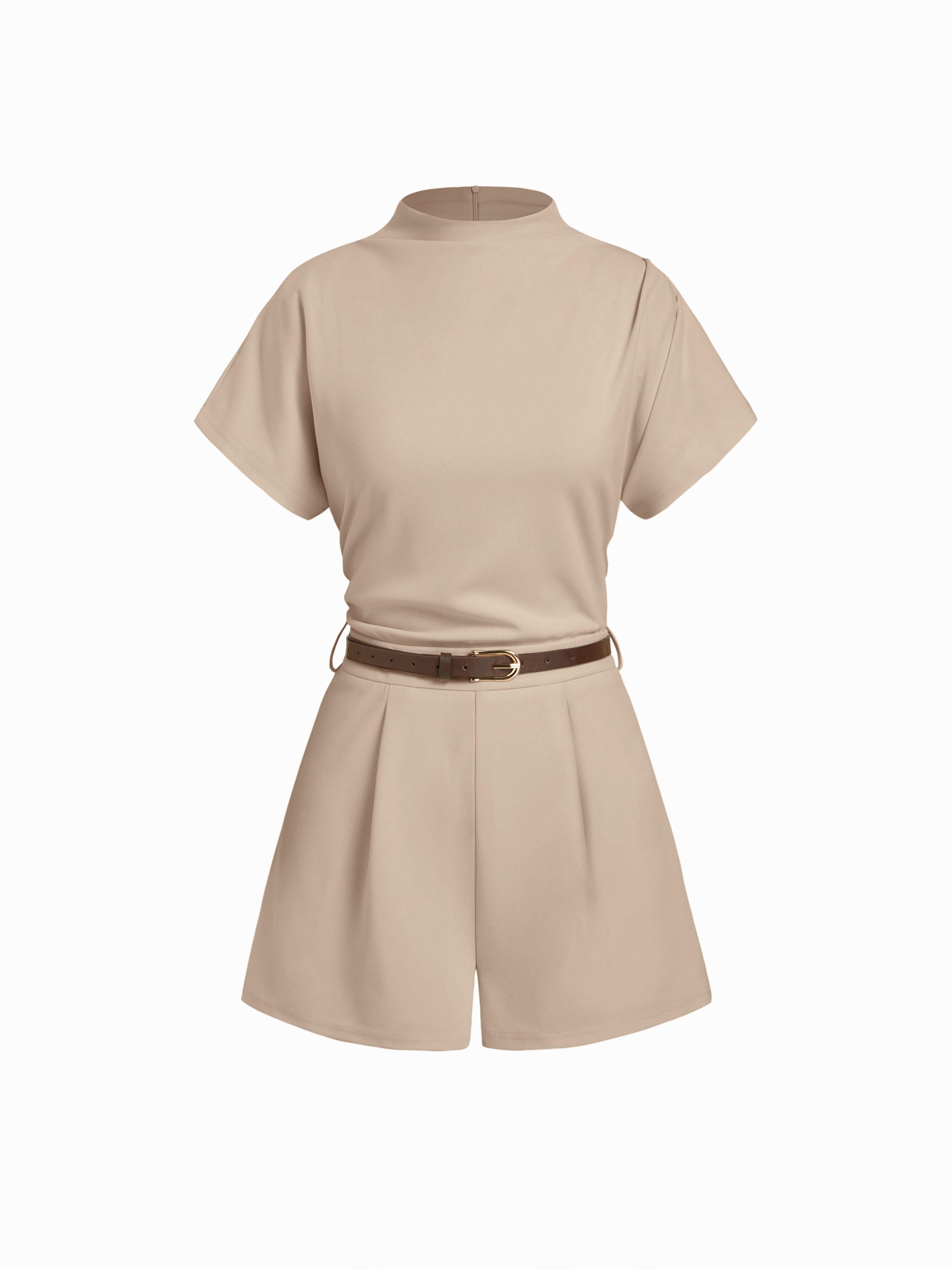 Stand Collar Romper With Belt by CIDER