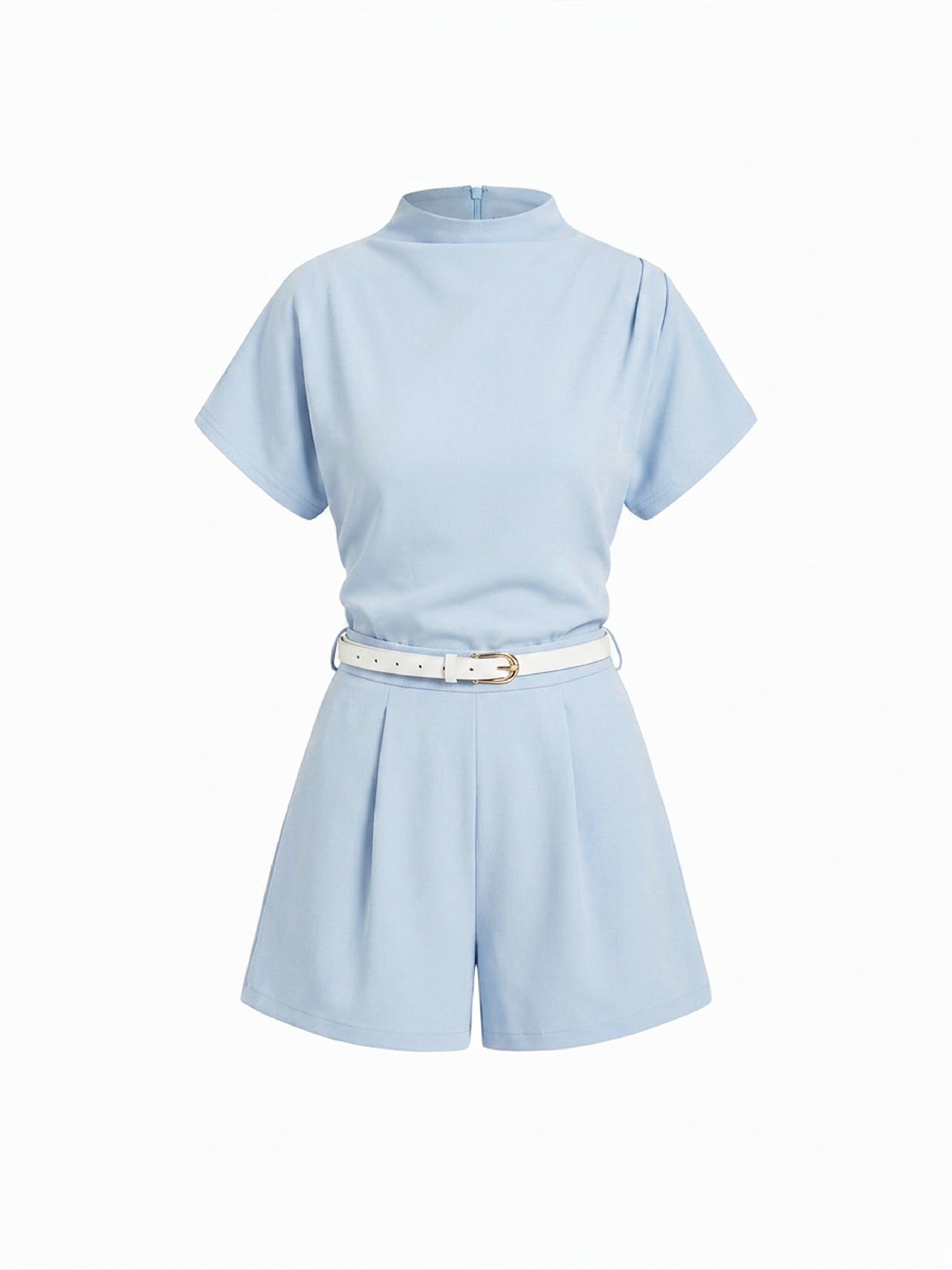 Stand Collar Romper With Belt by CIDER