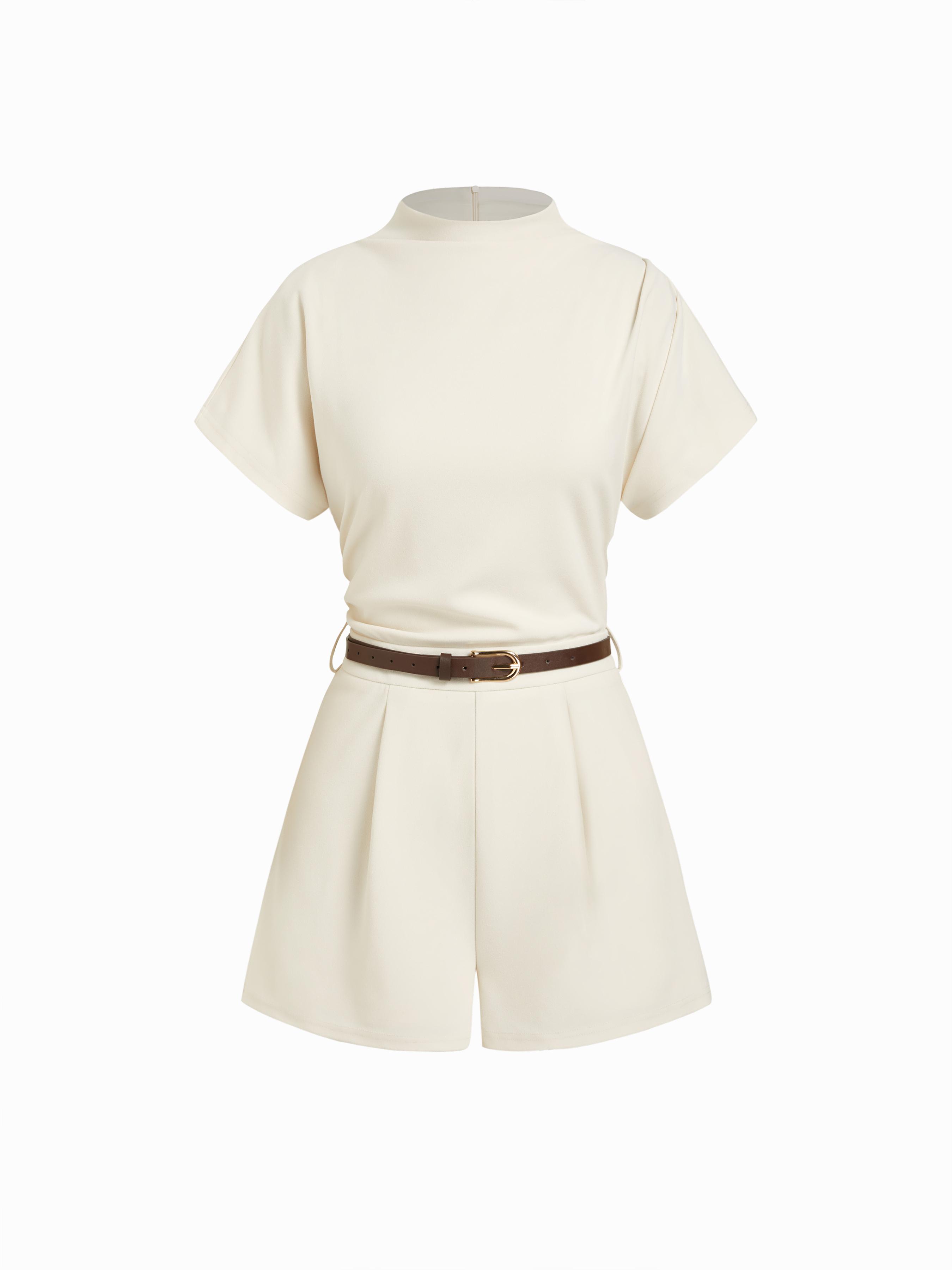 Stand Collar Romper With Belt by CIDER
