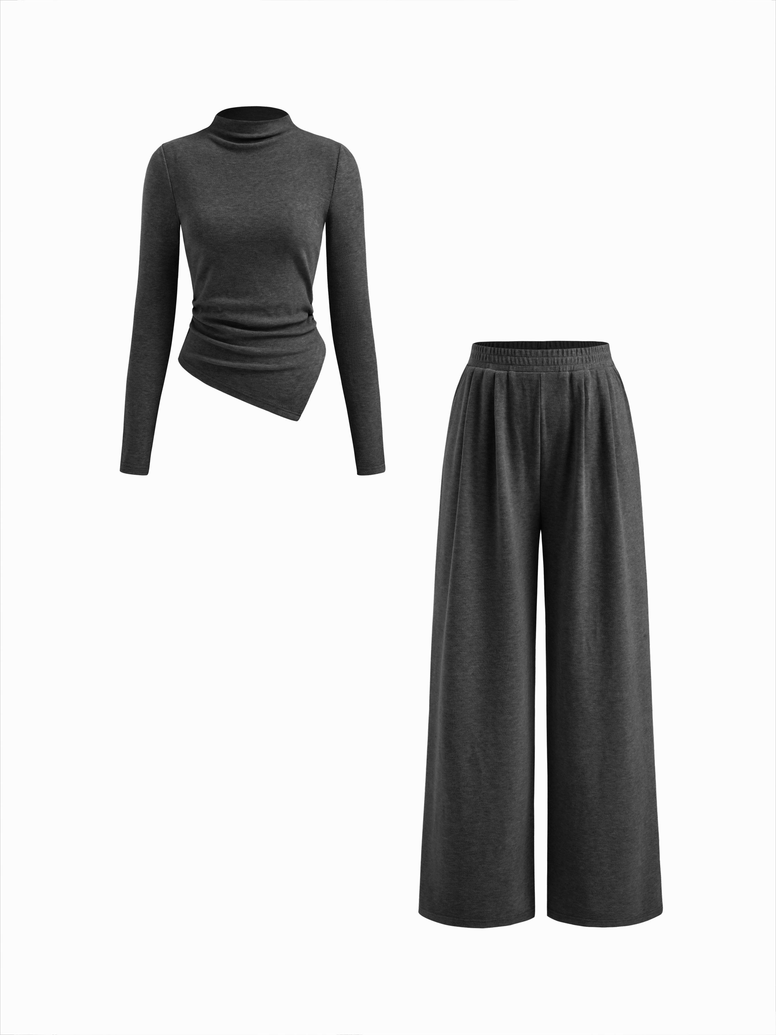 Stand Collar Ruched Asymmetrical Hem Top & Mid Rise Straight Leg Trousers Set by CIDER