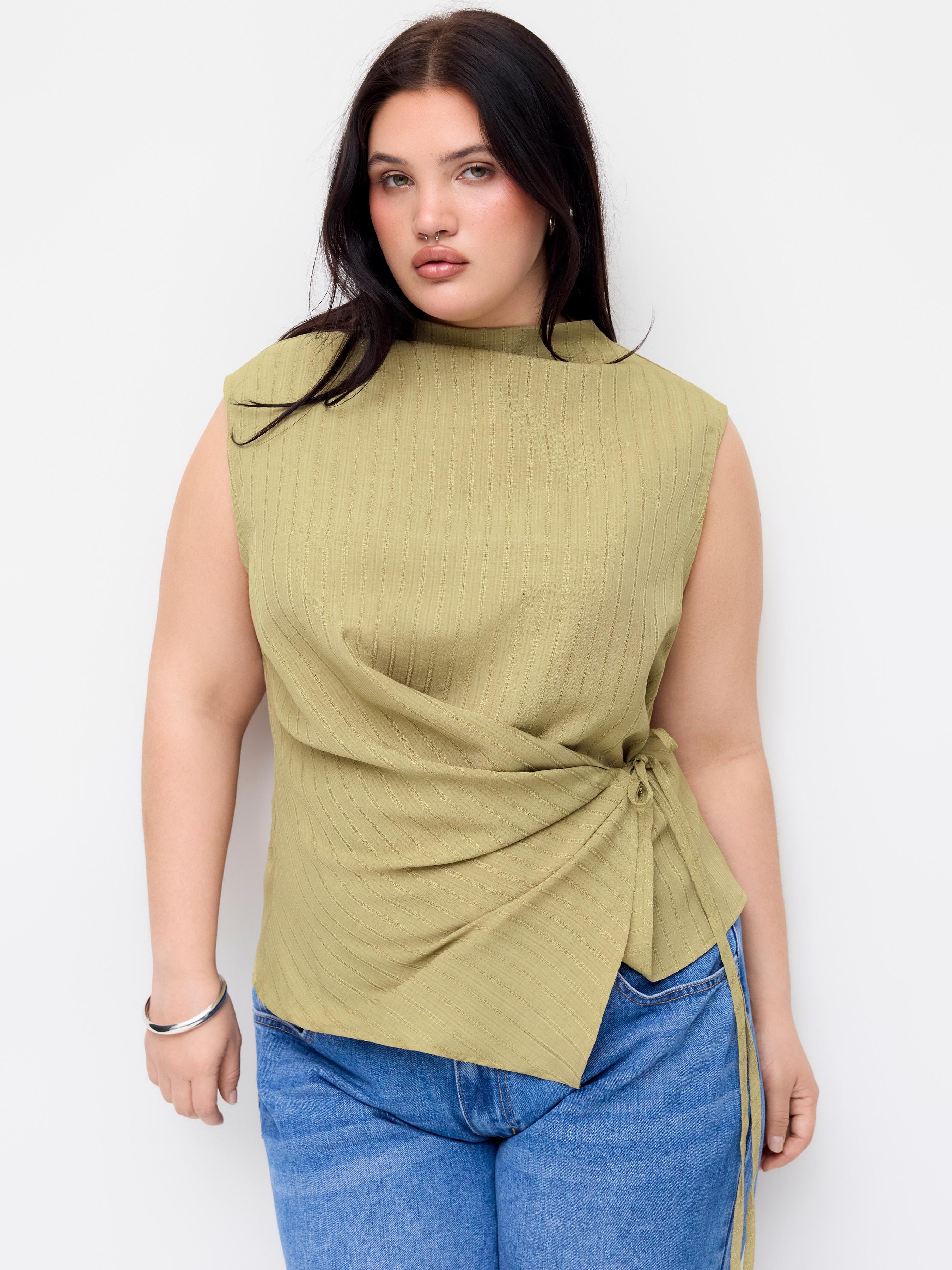 Stand Collar Ruched Knotted Tank Top Curve & Plus by CIDER