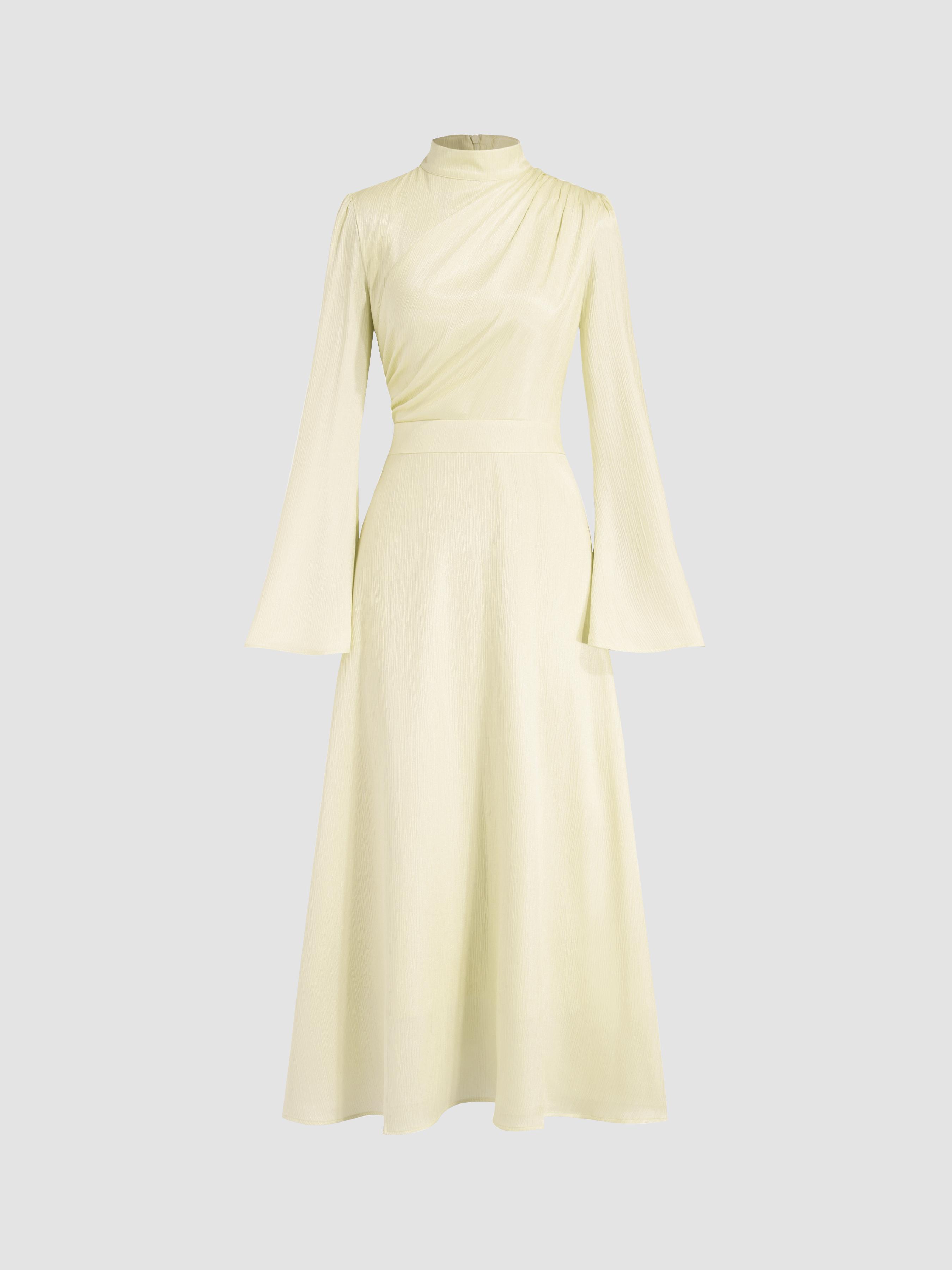 Stand Collar Ruched Ruffle Lace Up Maxi Dress by CIDER