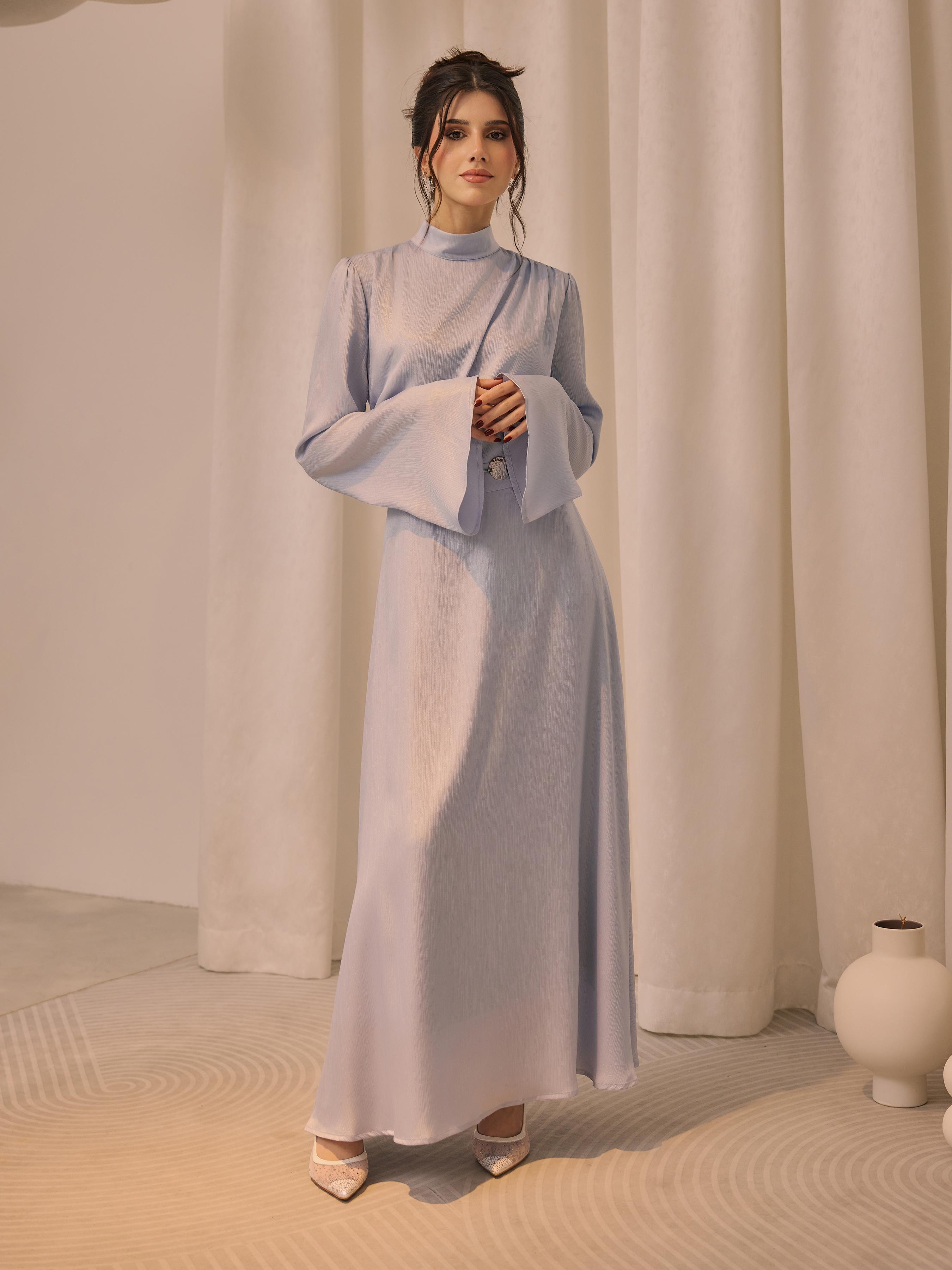 Stand Collar Ruched Ruffle Lace Up Maxi Dress by CIDER