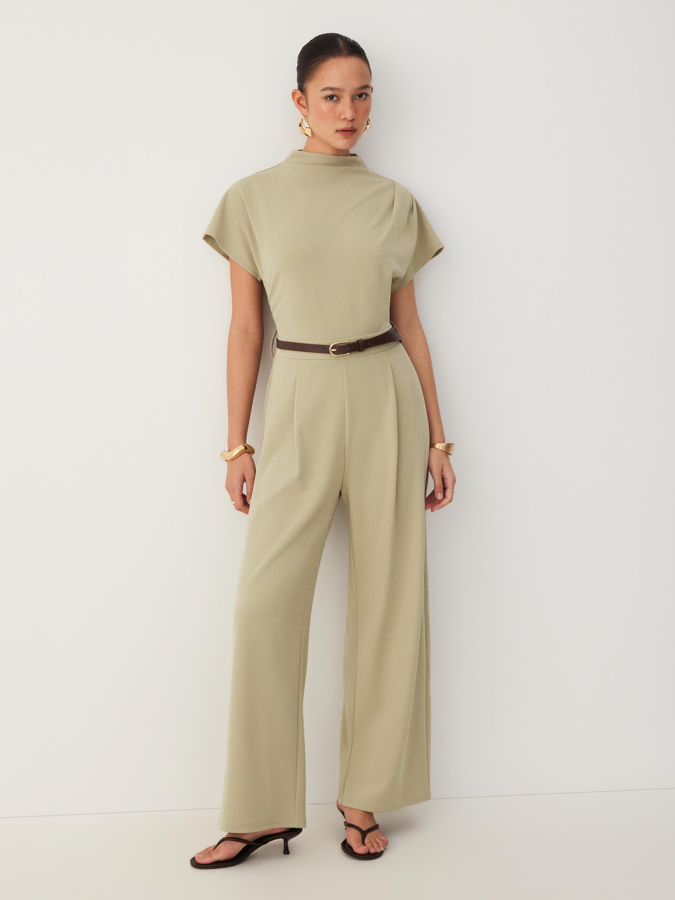 Stand Collar Ruched Short Sleeve Straight Leg Jumpsuit With by CIDER