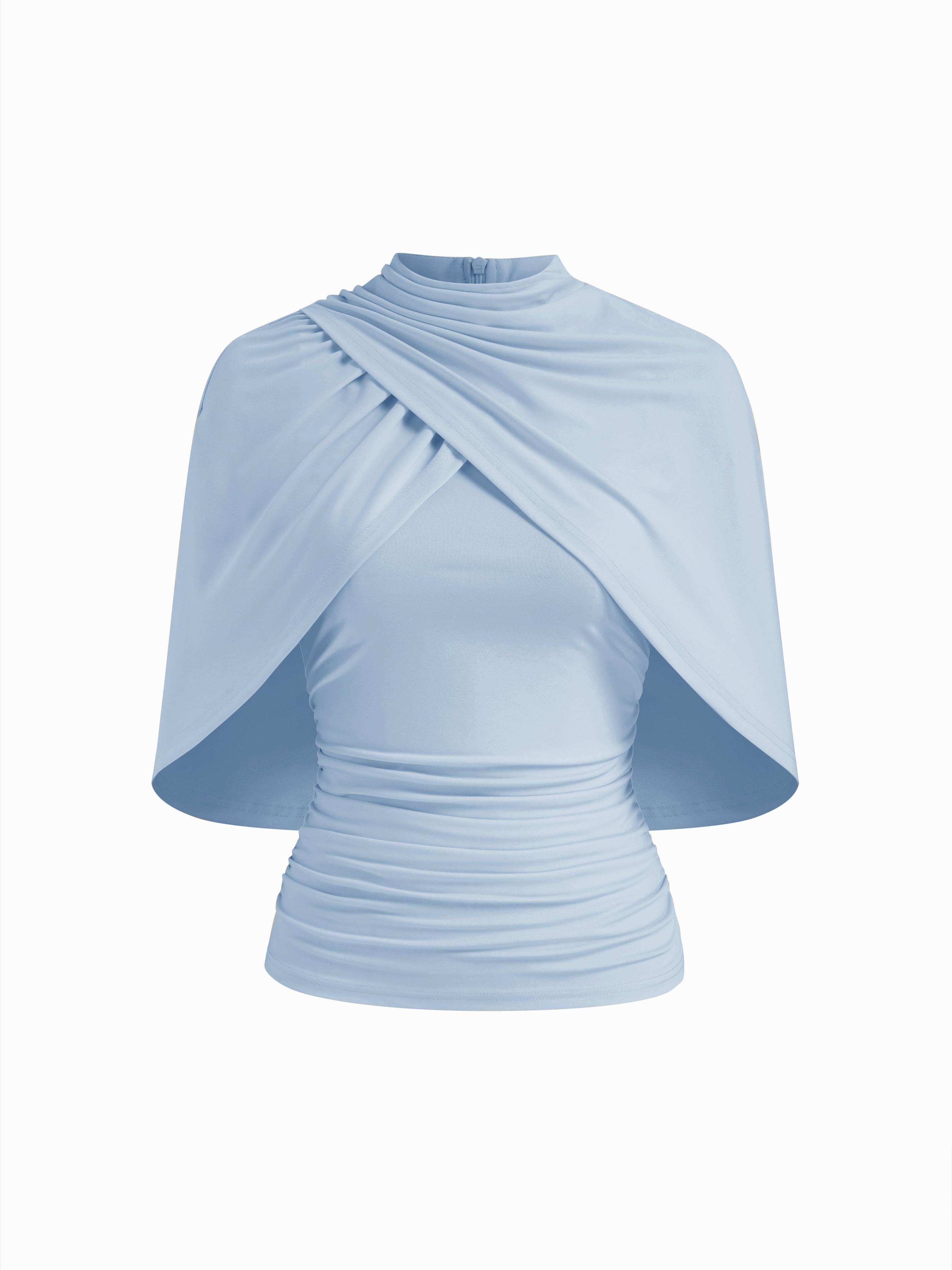 Stand Collar Ruched Wrap Cape Top by CIDER
