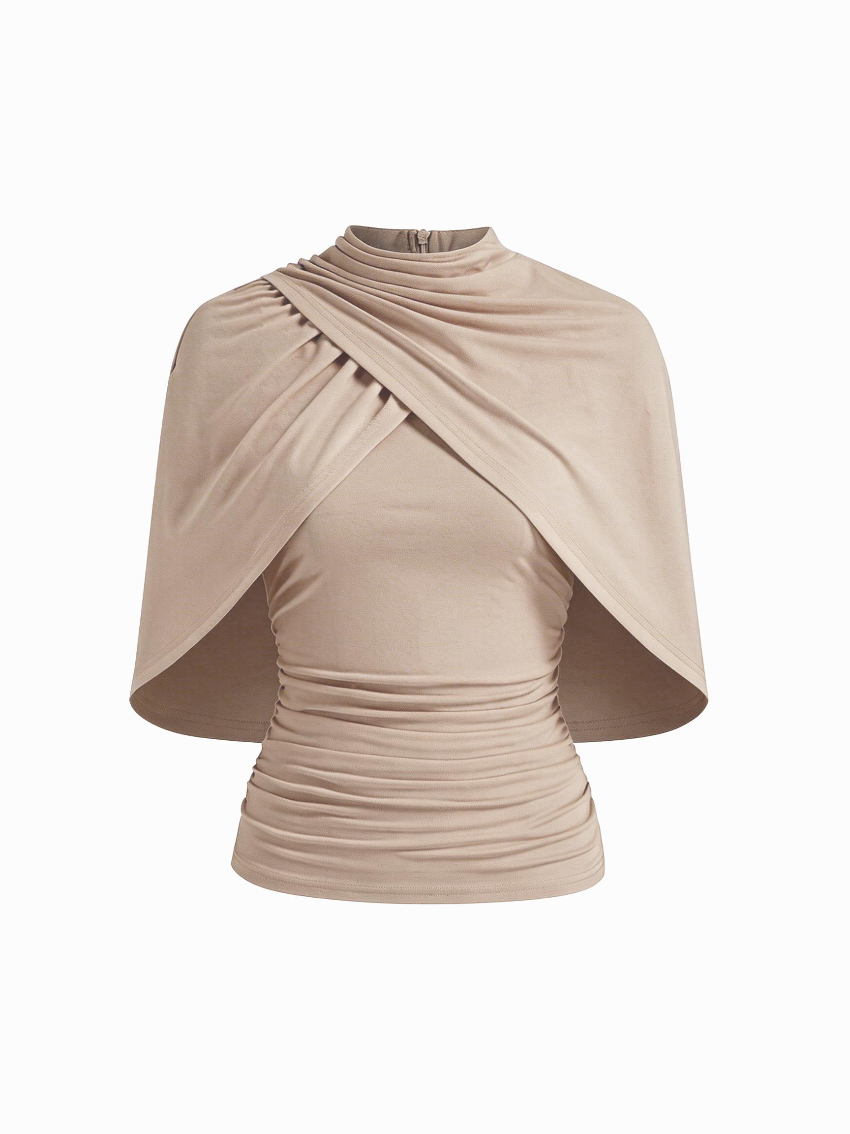 Stand Collar Ruched Wrap Cape Top by CIDER