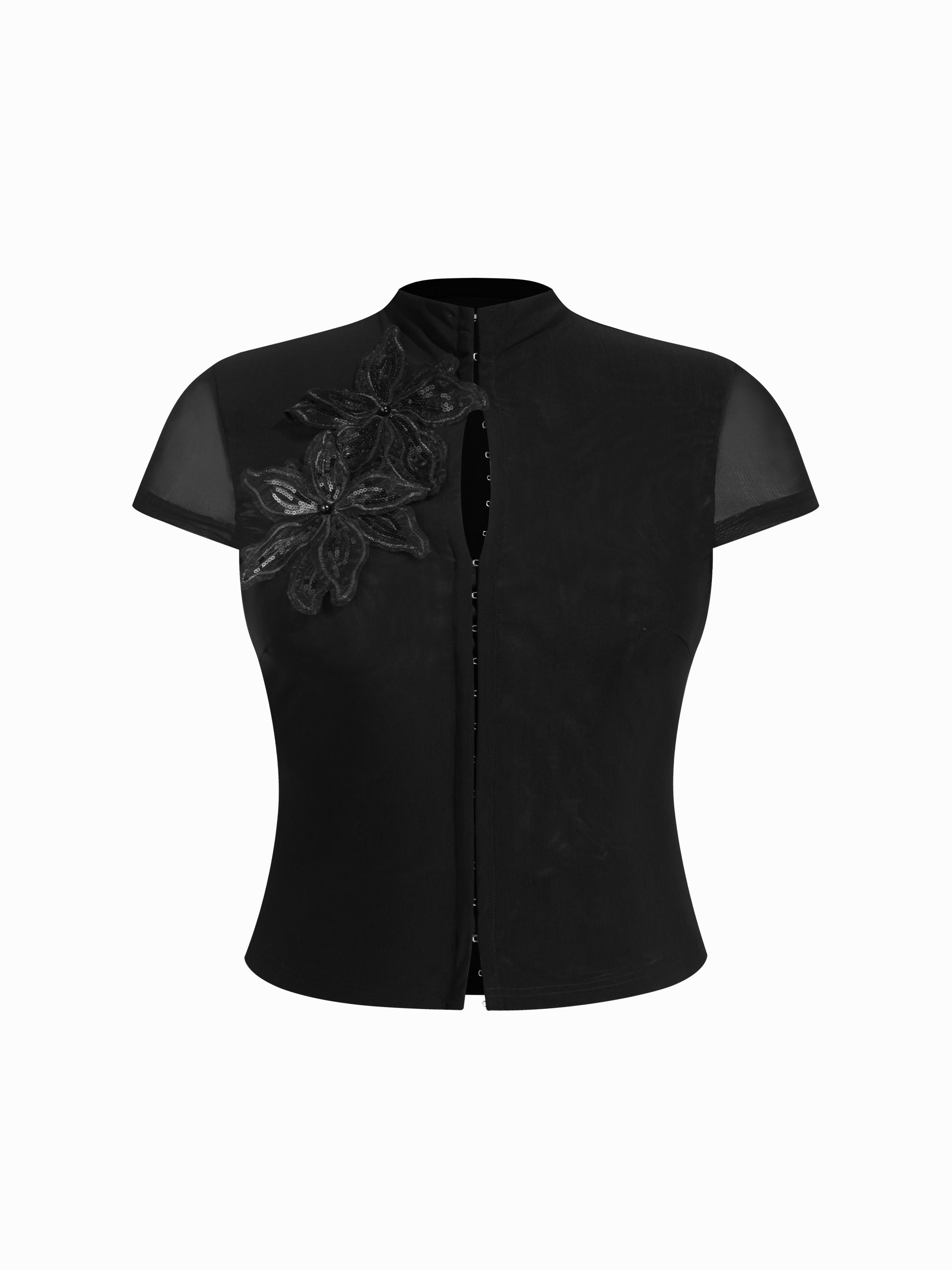 Stand Collar Sequin Flower See-through Top Curve & Plus by CIDER Stand Collar Sequin Flower See-through Top Curve & Plus by CIDER