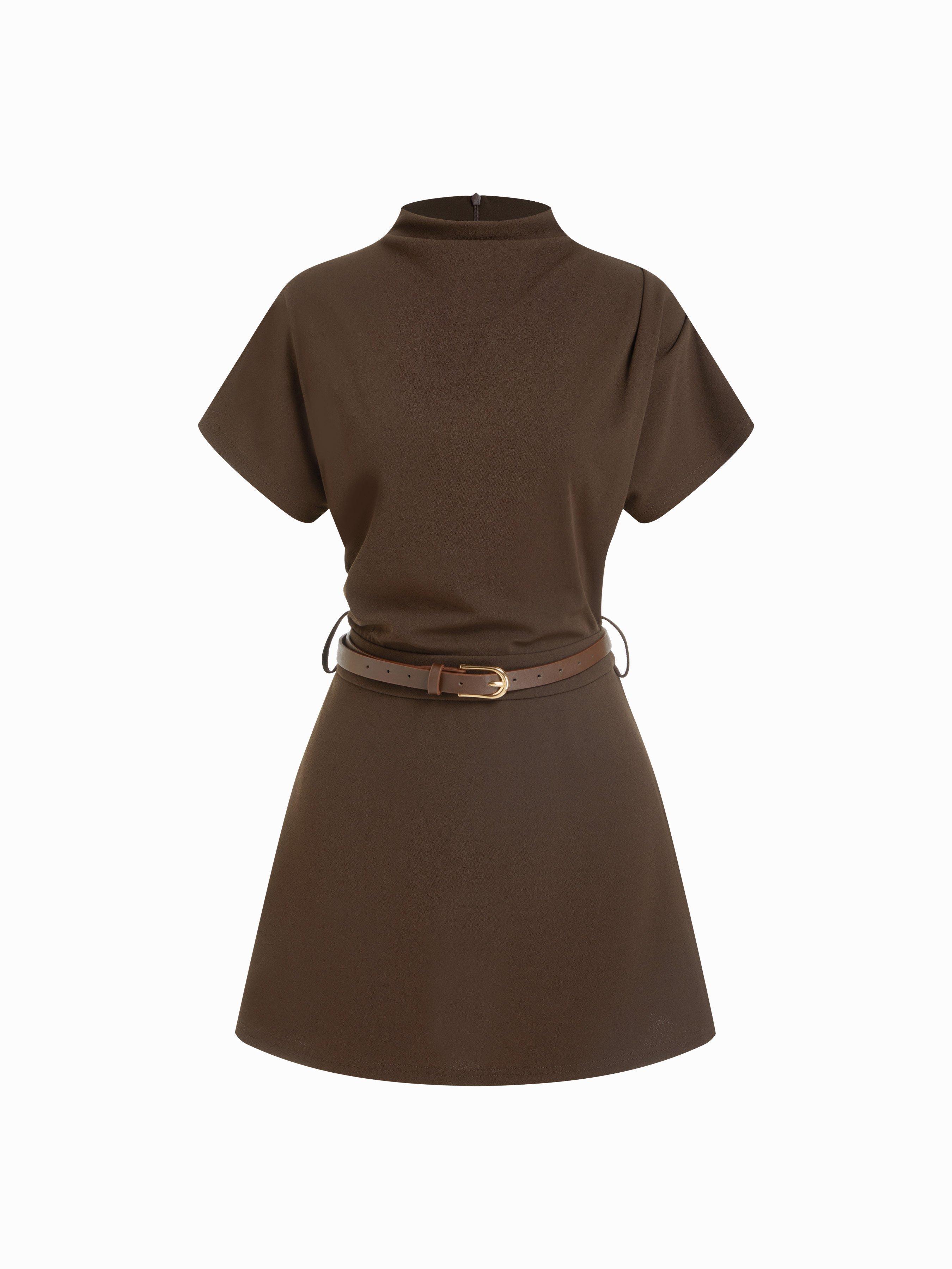 Stand Collar Short Sleeve Ruched A-line Mini Dress With Belt by CIDER