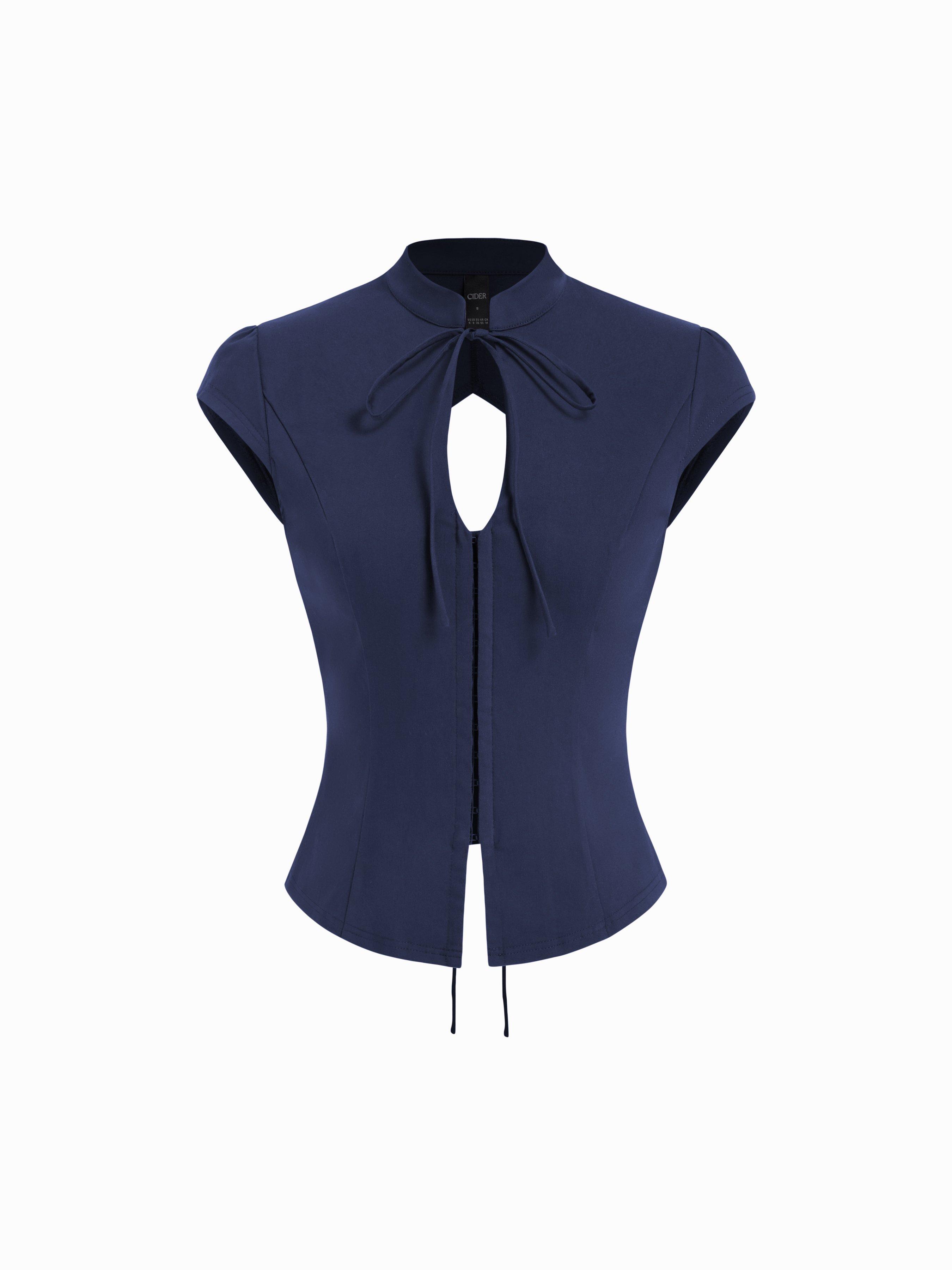 Stand Collar Short Sleeve Tie Front Cut Out Backless Slim Blouse by CIDER
