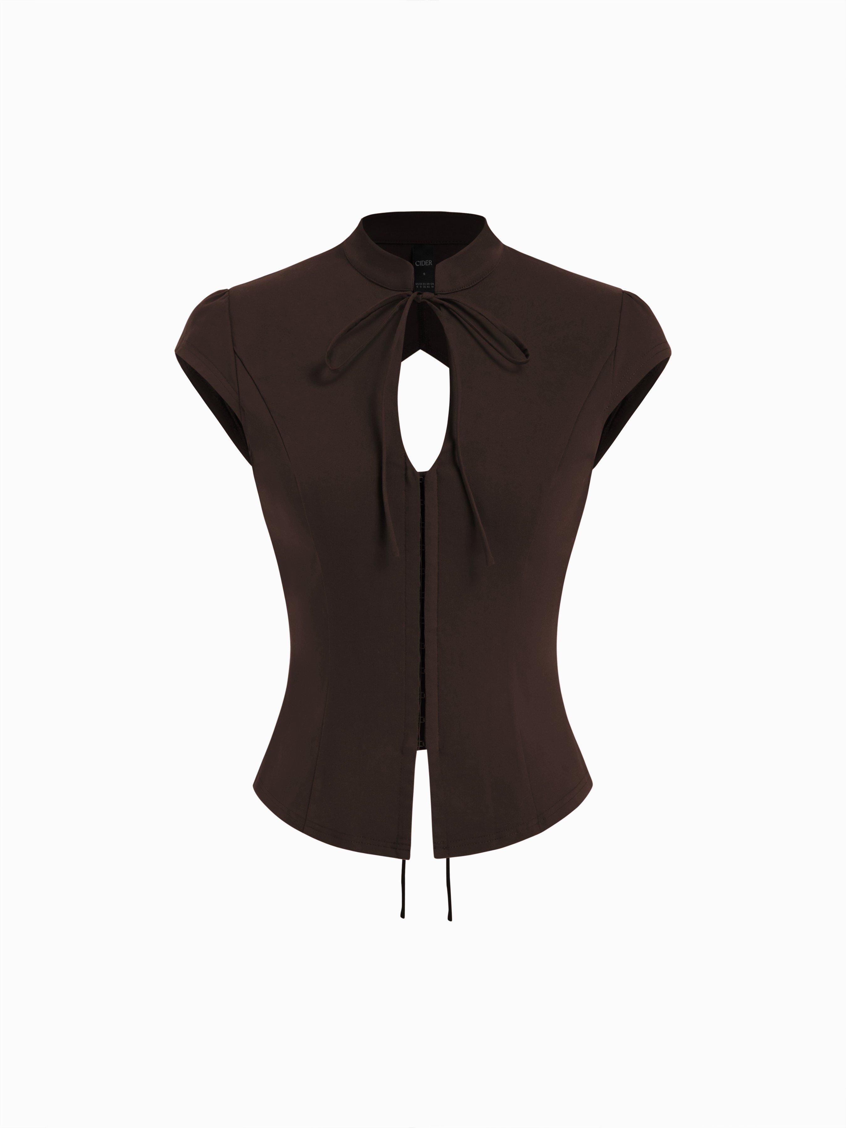 Stand Collar Short Sleeve Tie Front Cut Out Backless Slim Blouse by CIDER
