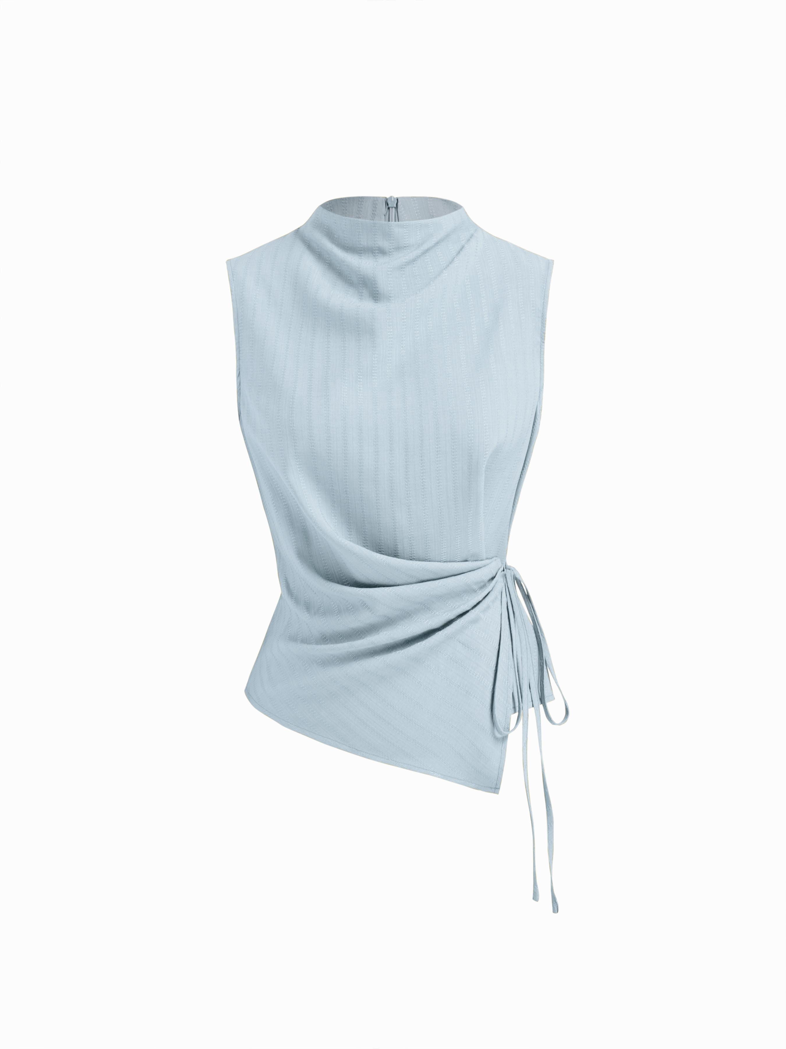 Stand Collar Texture Ruched Knotted Tank Top by CIDER