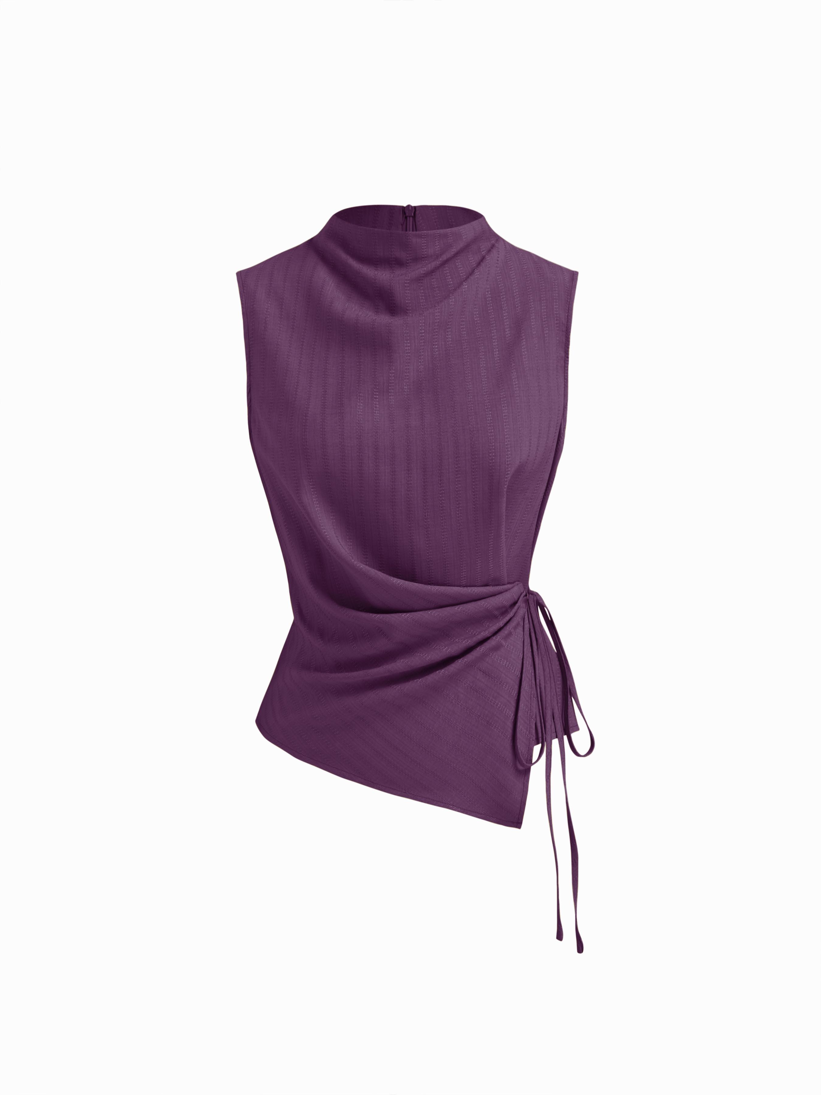 Stand Collar Texture Ruched Knotted Tank Top by CIDER