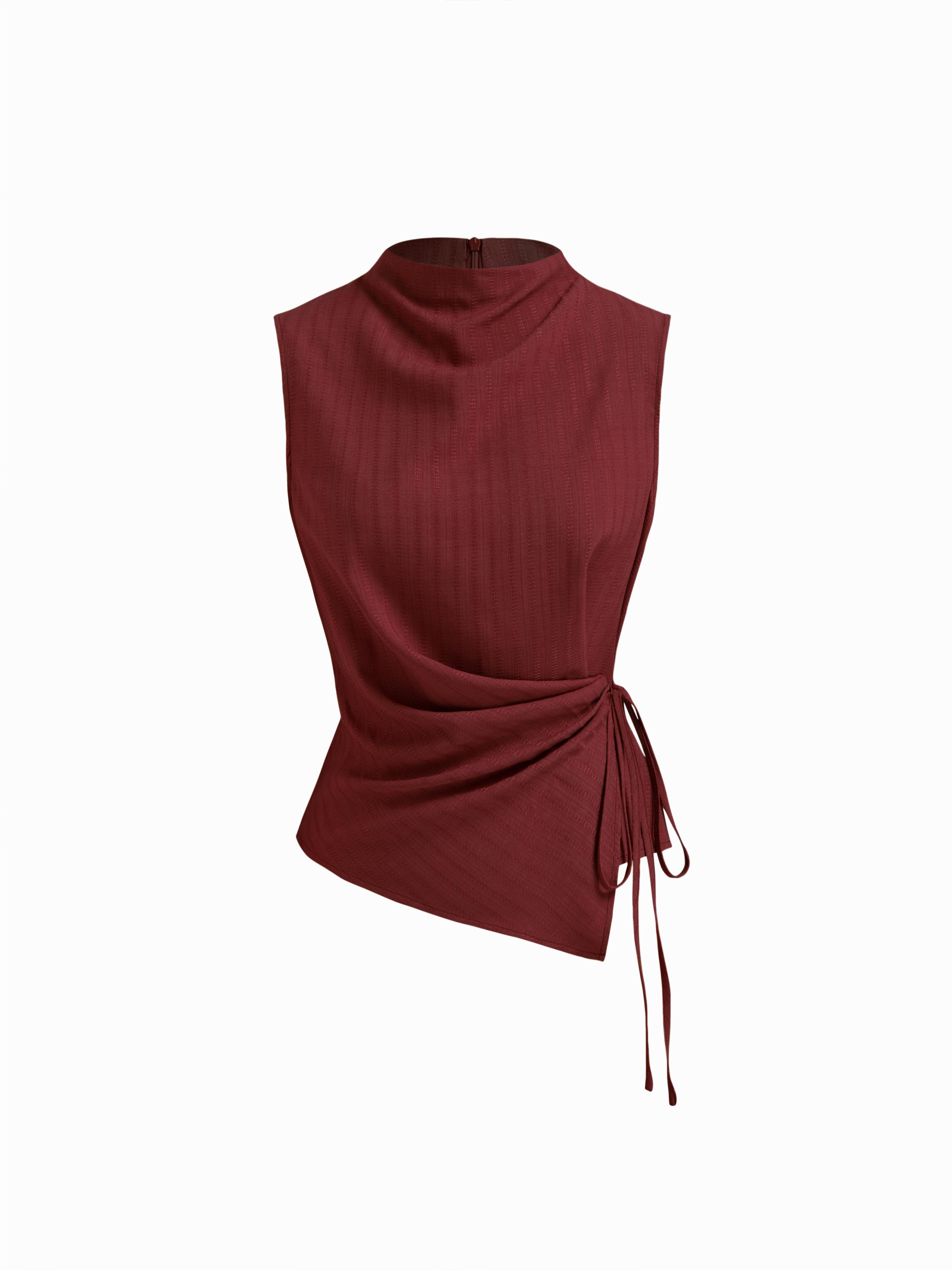 Stand Collar Texture Ruched Knotted Tank Top by CIDER