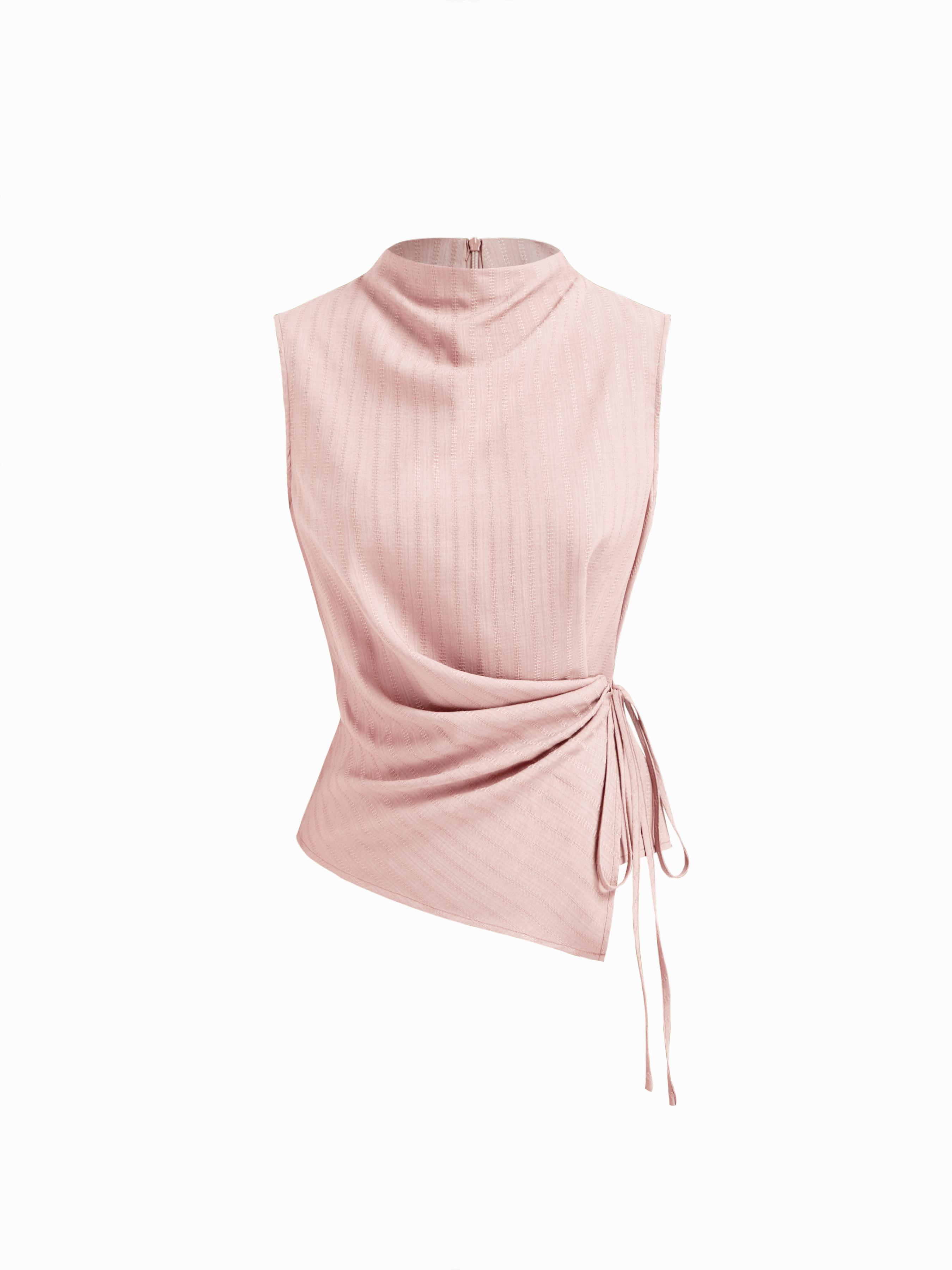 Stand Collar Texture Ruched Knotted Tank Top by CIDER
