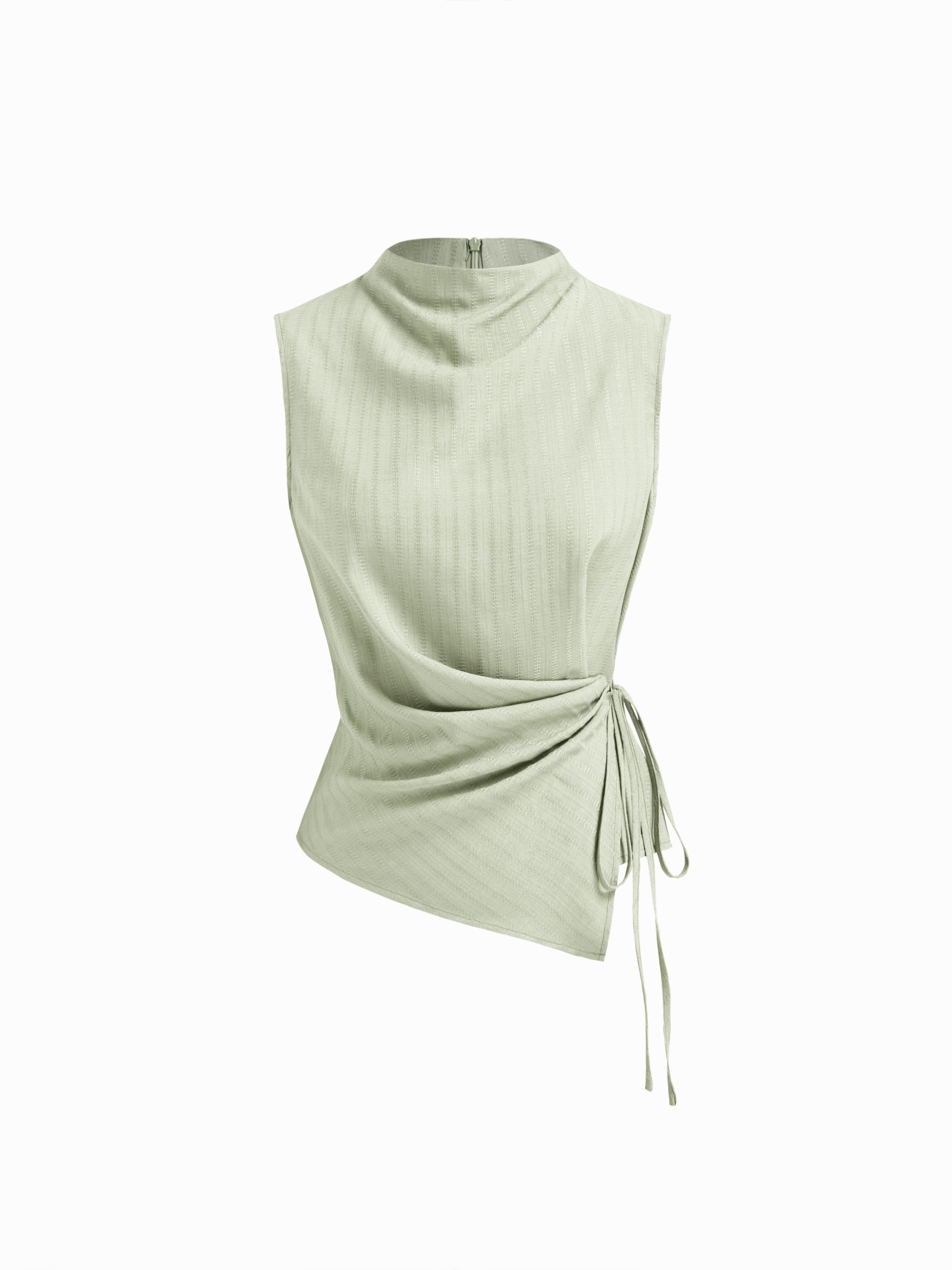 Stand Collar Texture Ruched Knotted Tank Top by CIDER