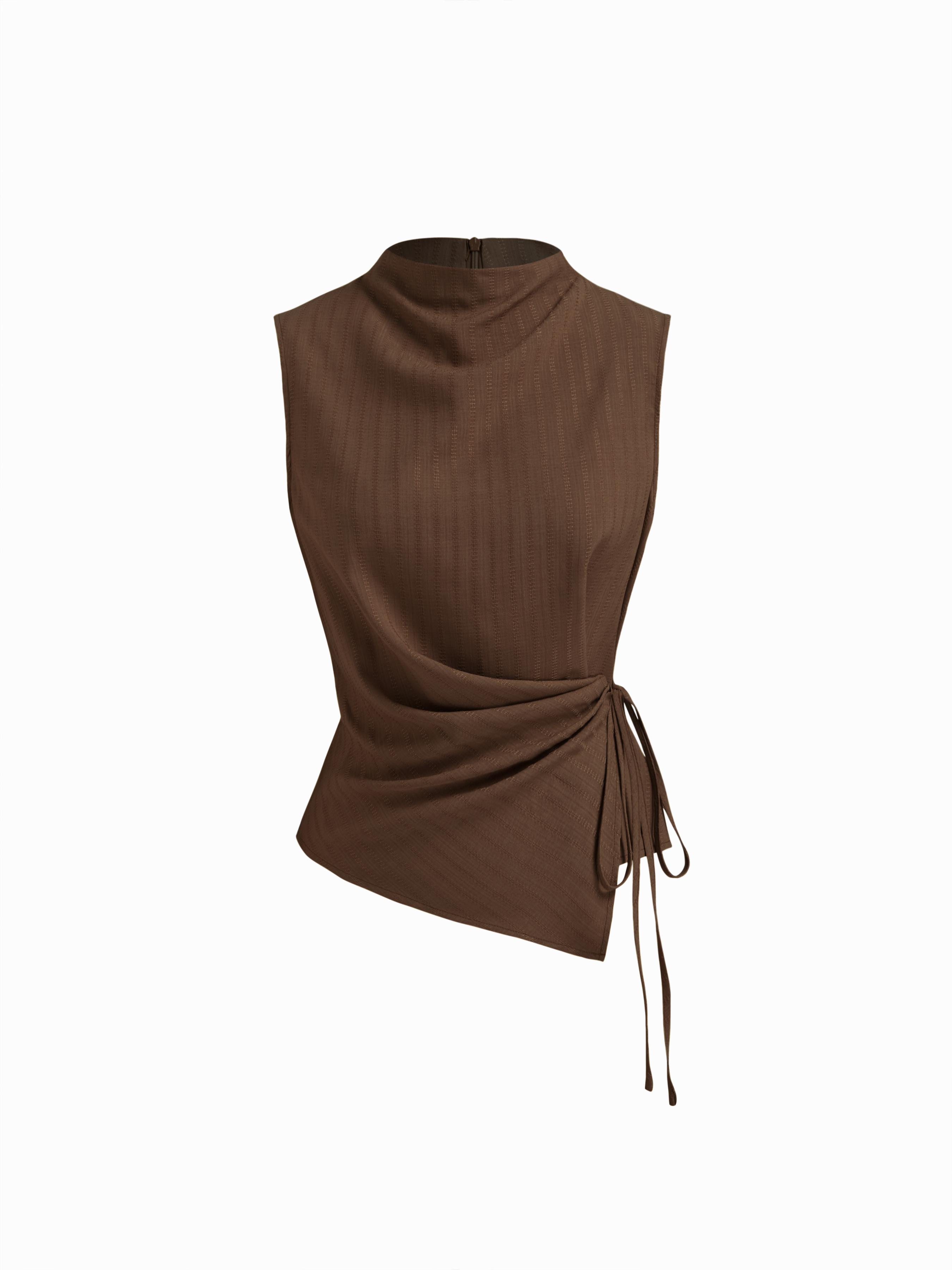 Stand Collar Texture Ruched Knotted Tank Top by CIDER