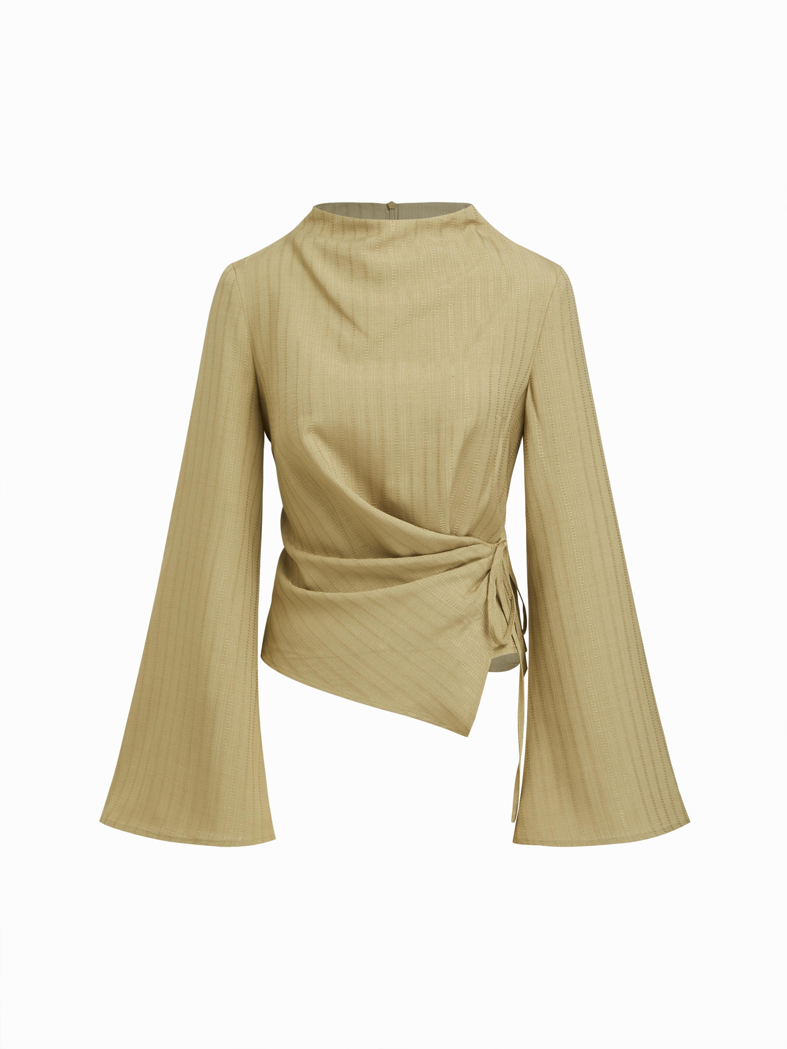 Stand Collar Texture Tie Side Ruched Bell Sleeve Blouse by CIDER