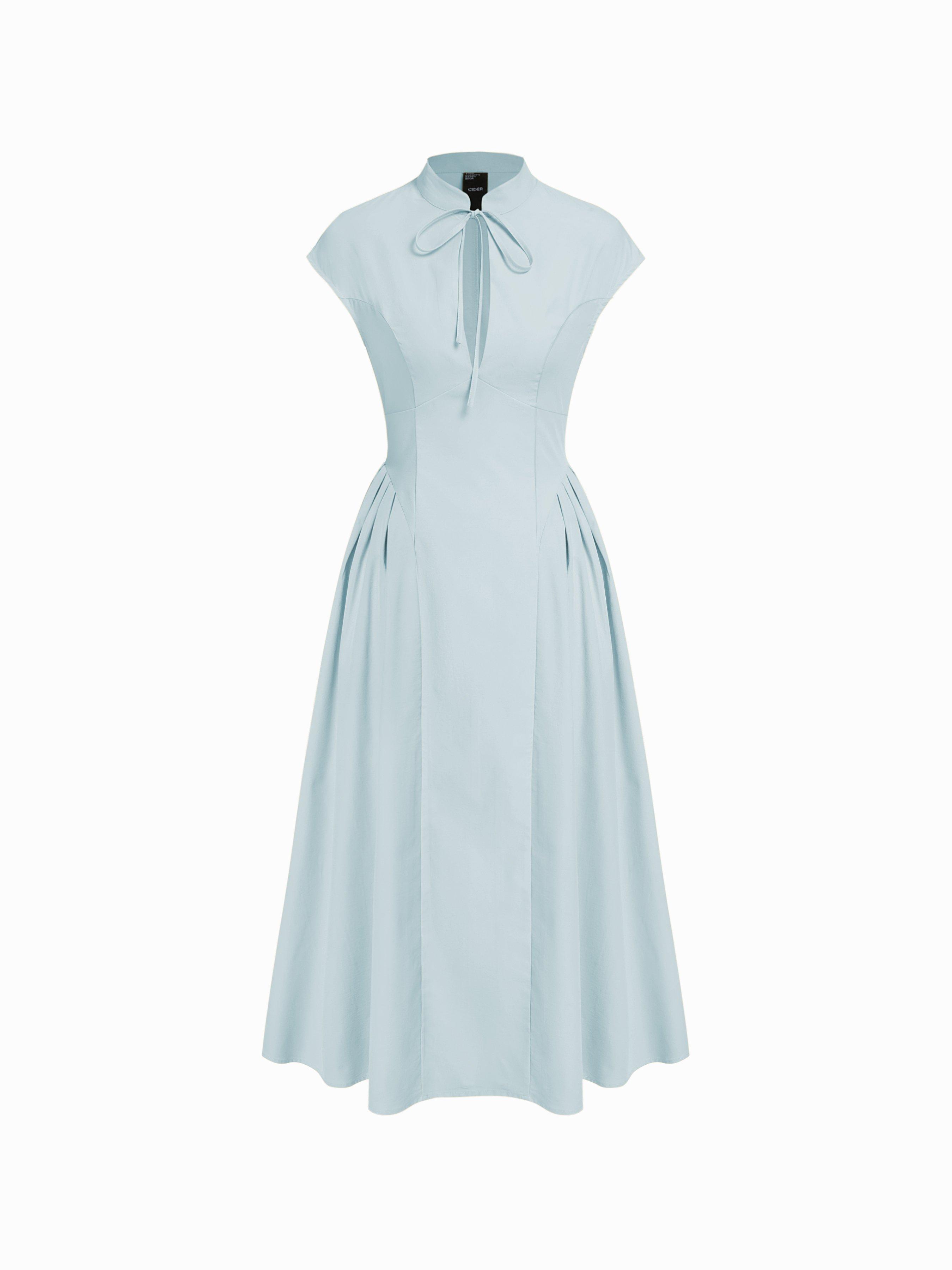 Stand Collar Tie-Neck Short Sleeve Draped Pocket Flared Maxi Dress by CIDER
