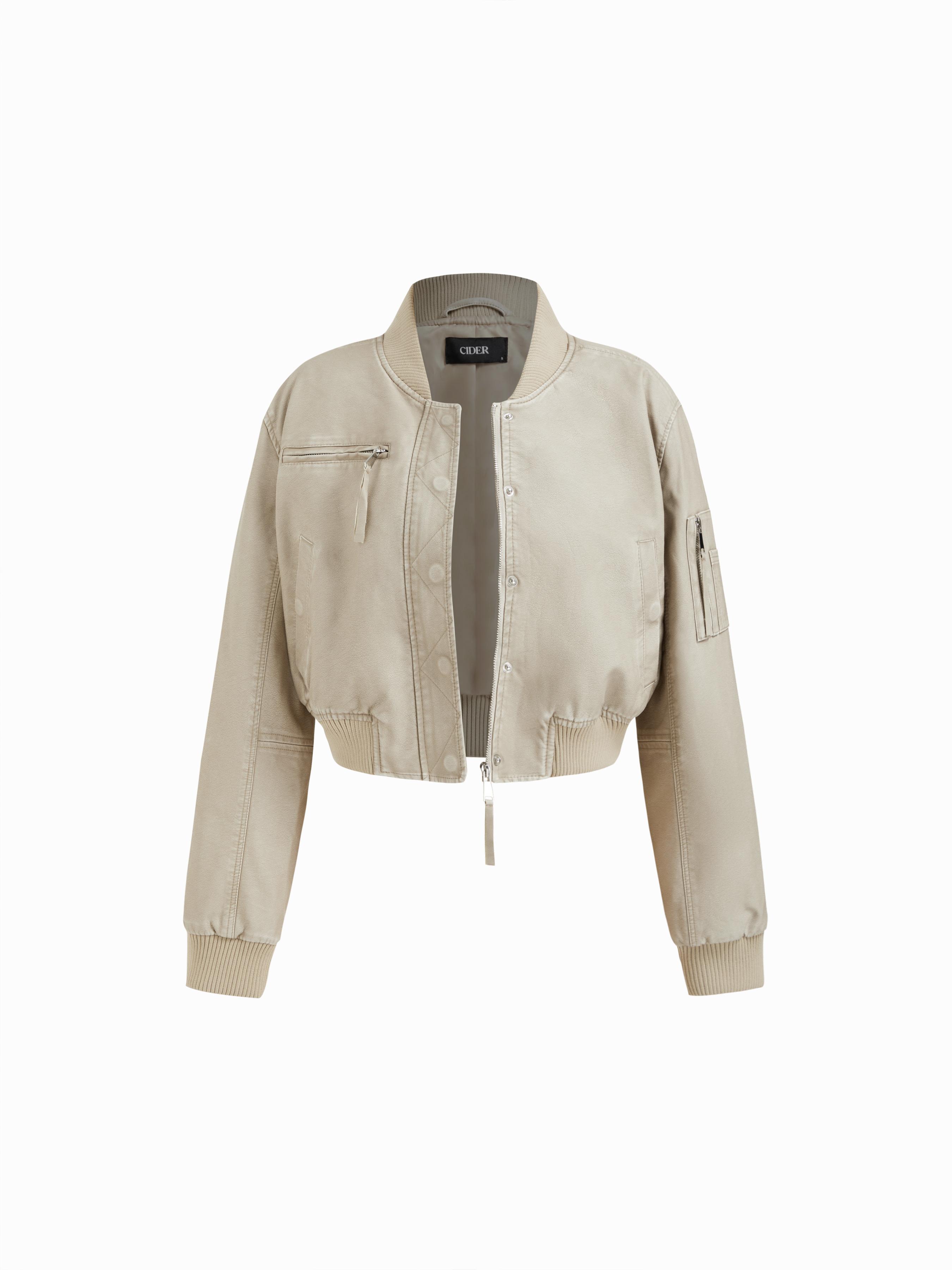 Stand Collar Zip Through Faux Leather Bomber Jacket by CIDER