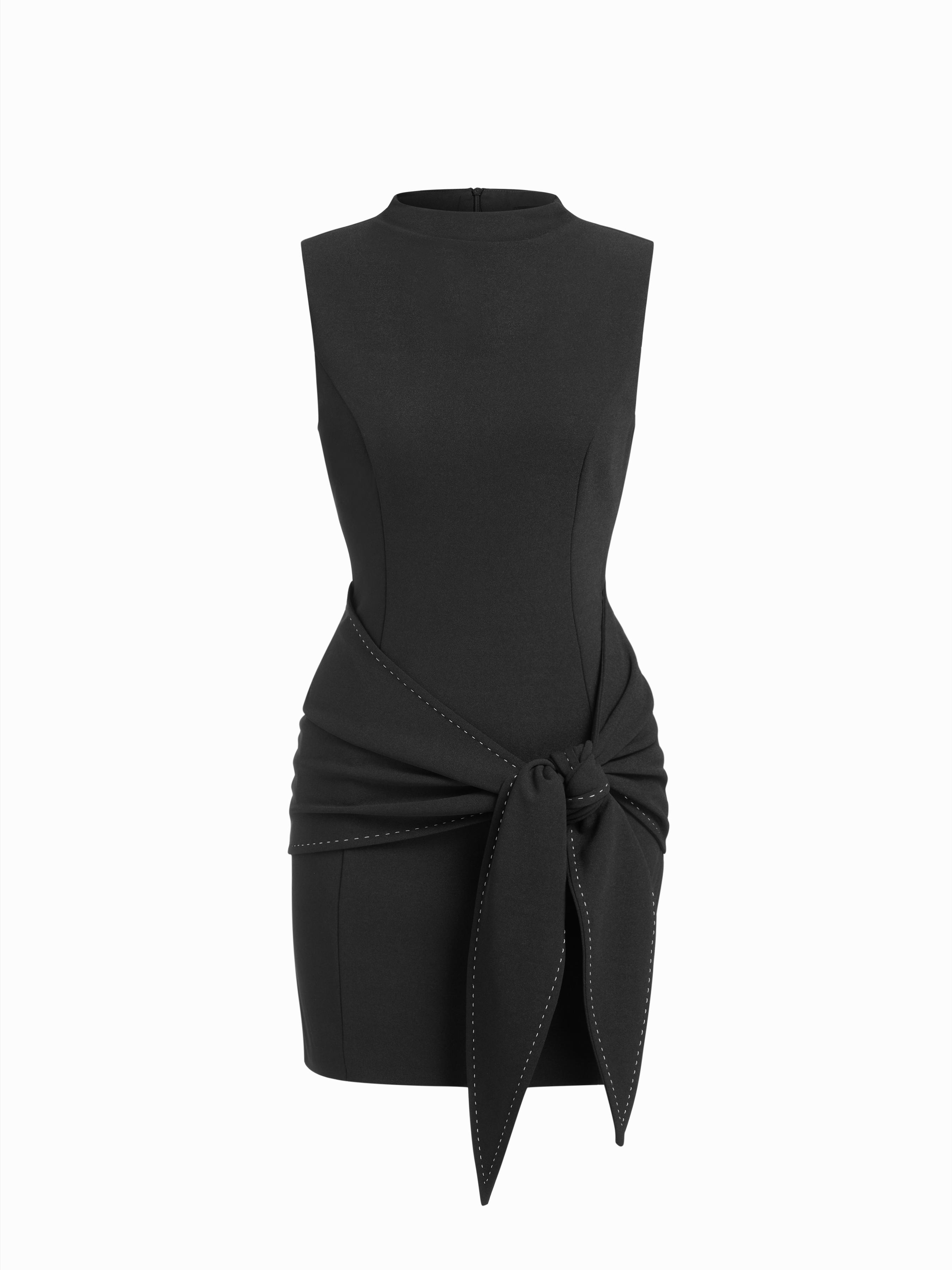 Stand Collar Zipper Knotted Mini Dress by CIDER