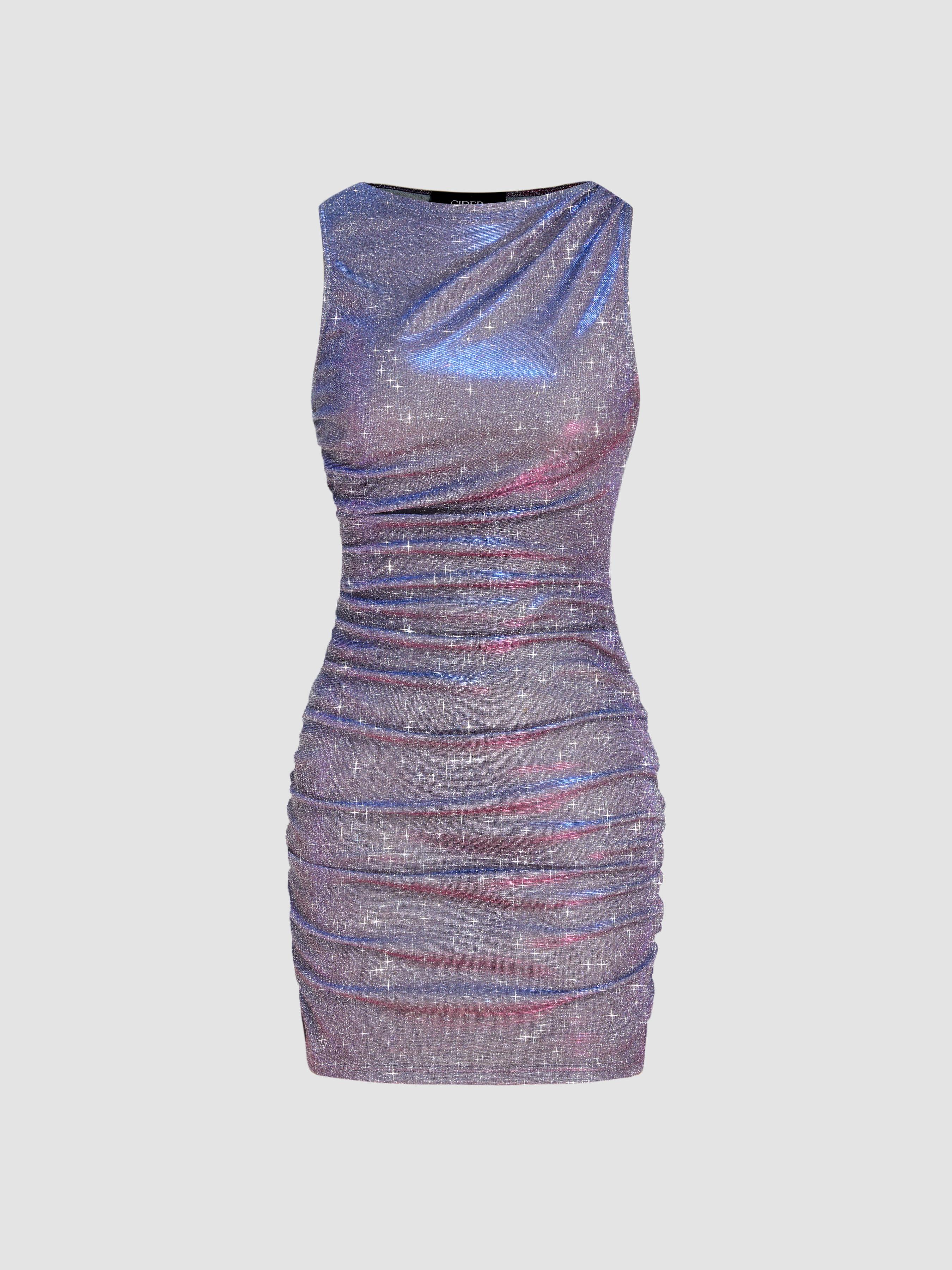 Star Glitter Ruched Mini Dress by CIDER