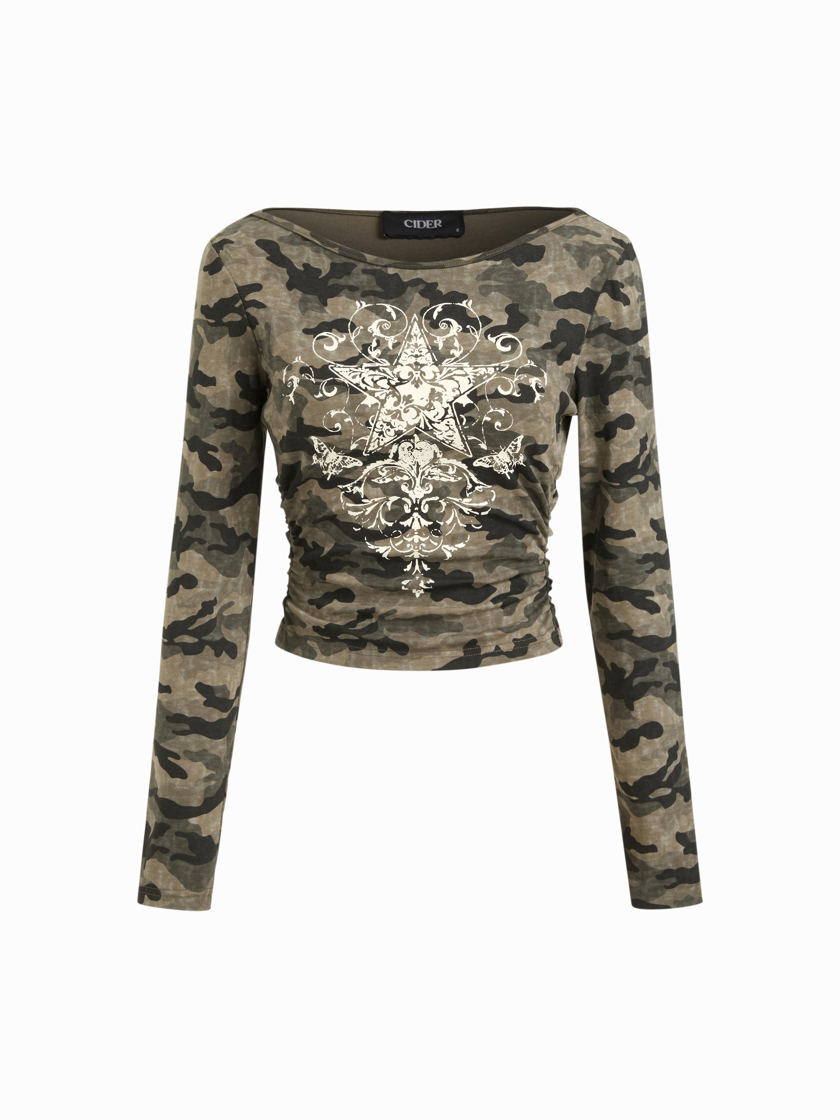 Star Graphic Cotton-blend Camo Boat Neck Long Sleeve Ruched Tee by CIDER