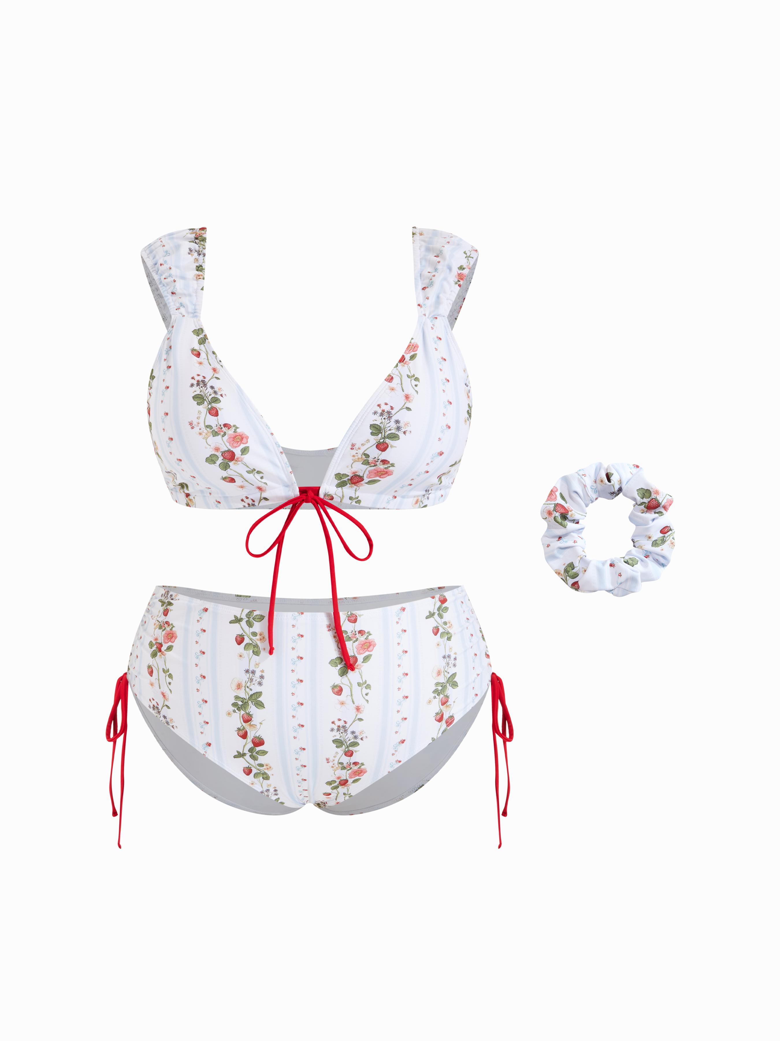Strawberry Floral V-Neck Tie Front Bracelet Bikini Set With Scrunchie Curve & Plus by CIDER