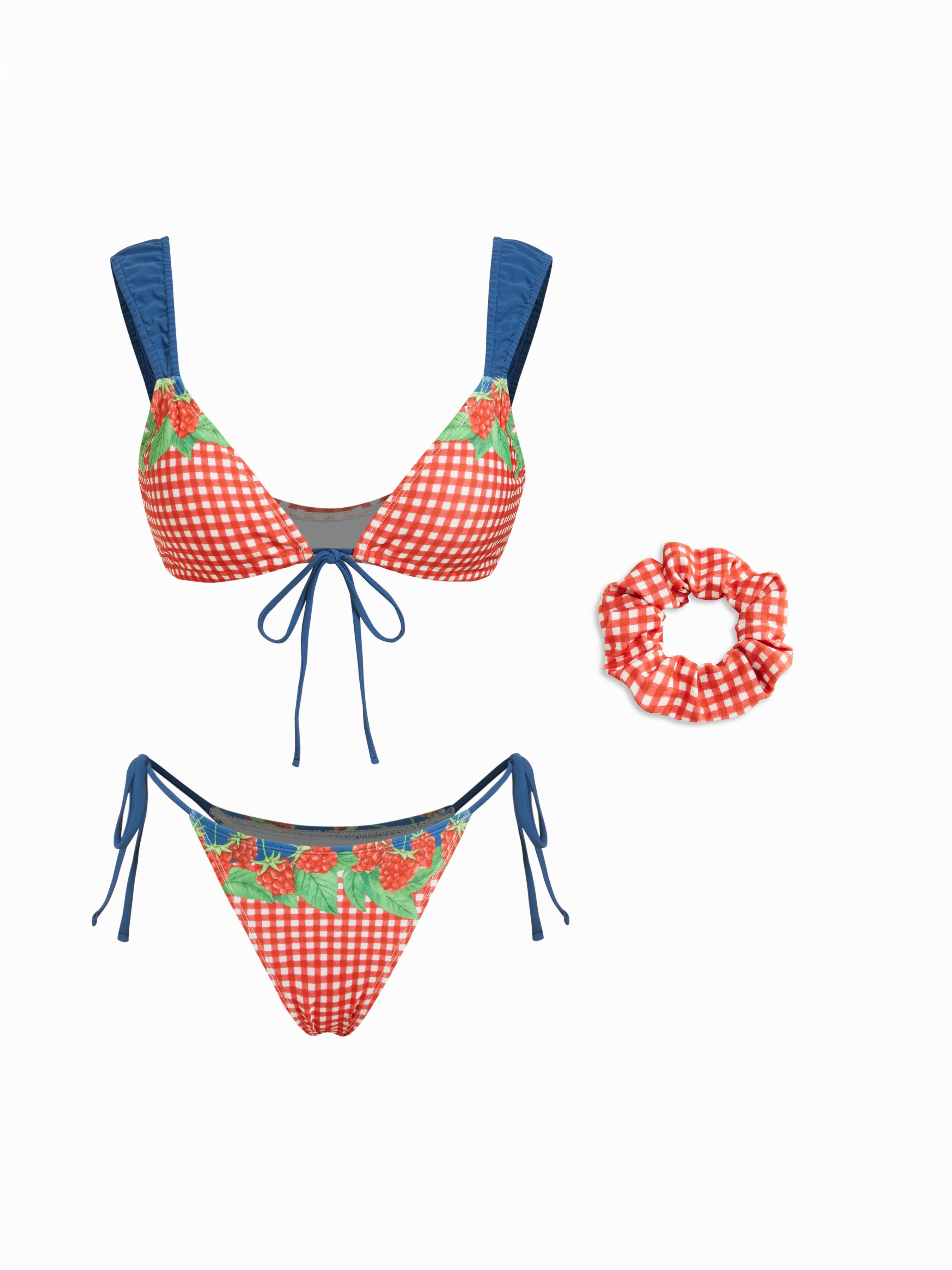 Strawberry Floral V-Neck Tie Front Bracelet Bikini Set With Scrunchie by CIDER