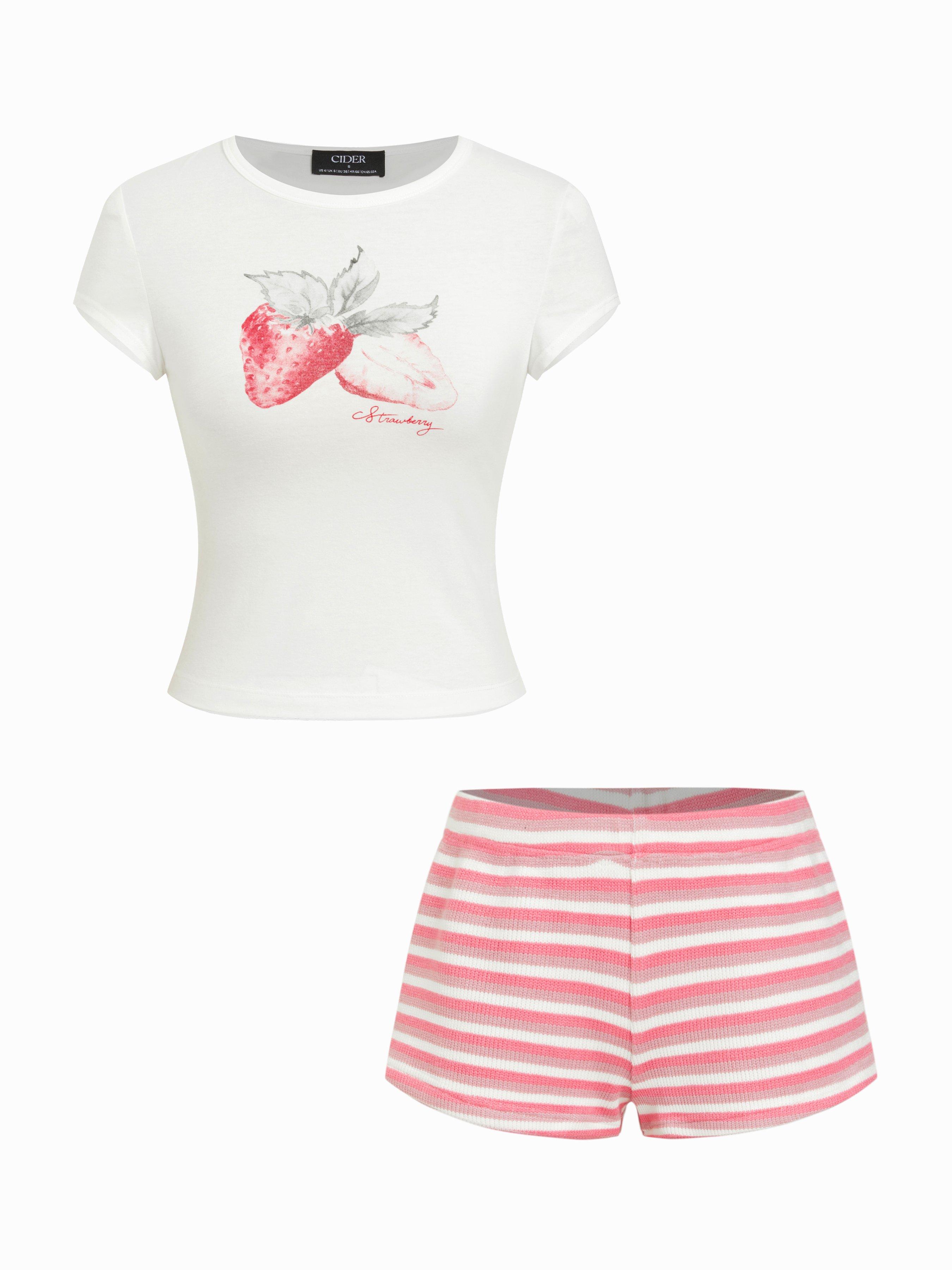 Strawberry Graphic Round Neck Tee and Striped Shorts Set by CIDER