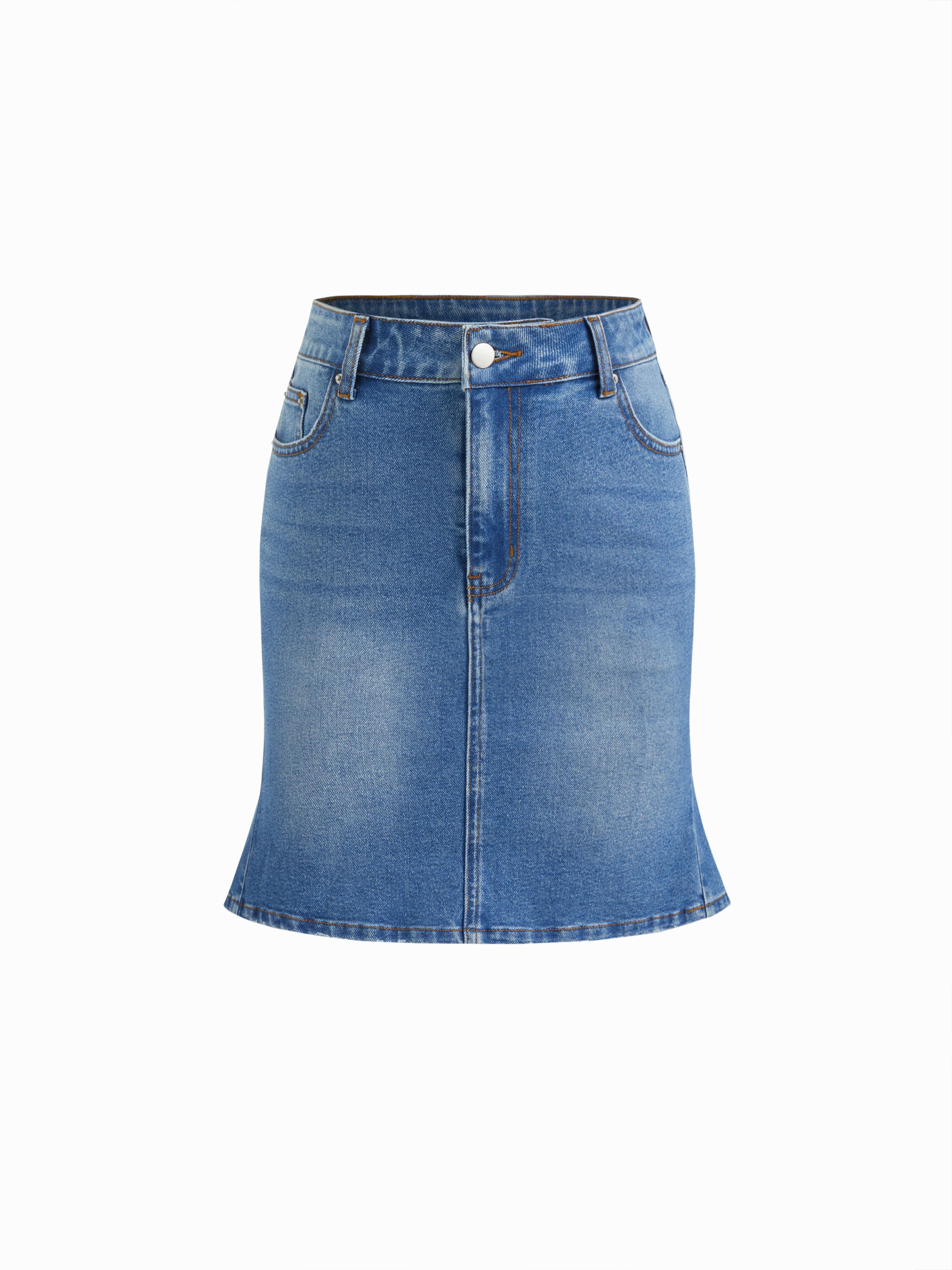 Stretch Cider Denim Low Rise Mermaid Pleated Mini Skirt by CIDER