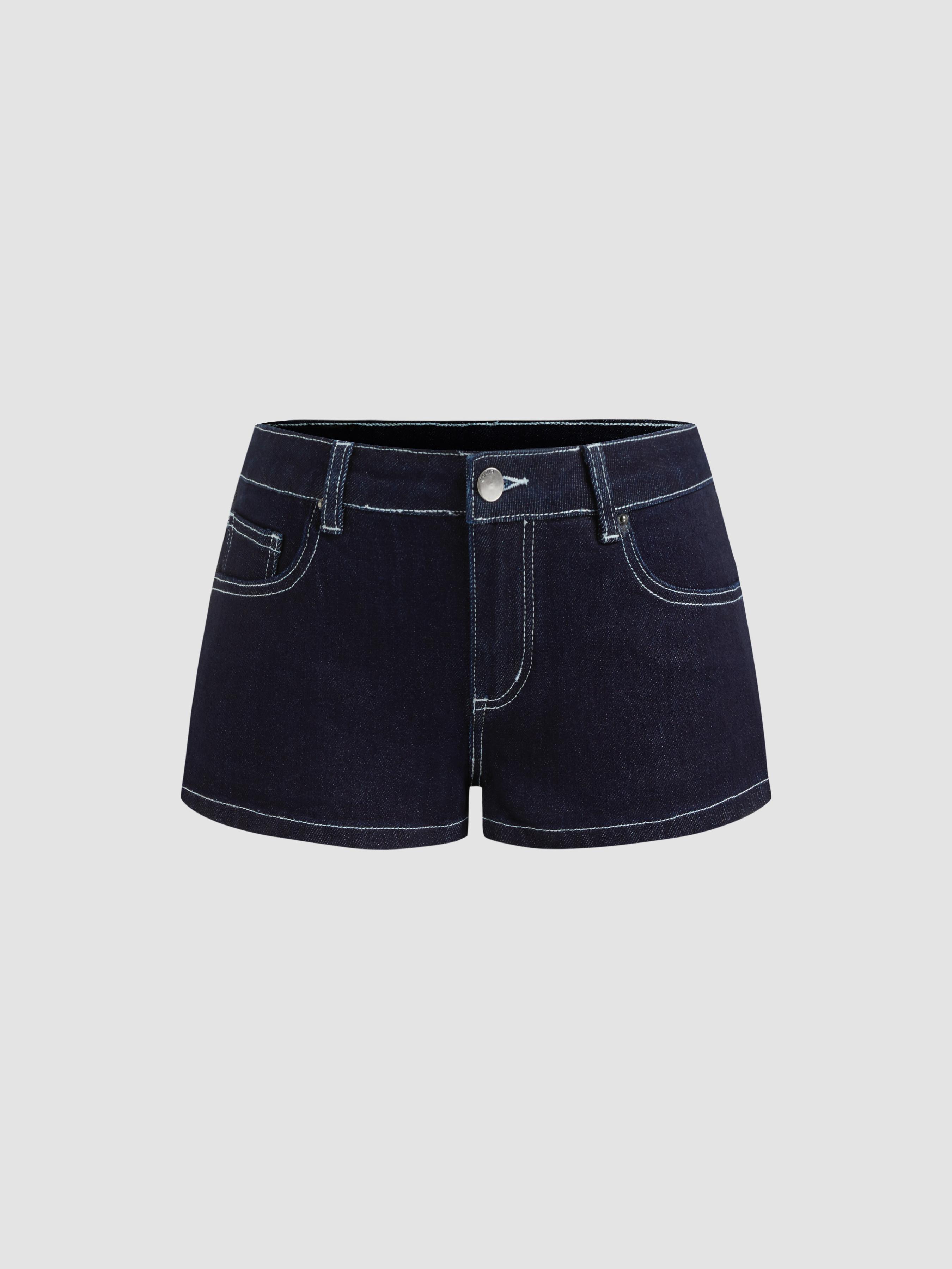 Stretch Cider Denim Low Rise Solid Micro Straight Leg Shorts by CIDER