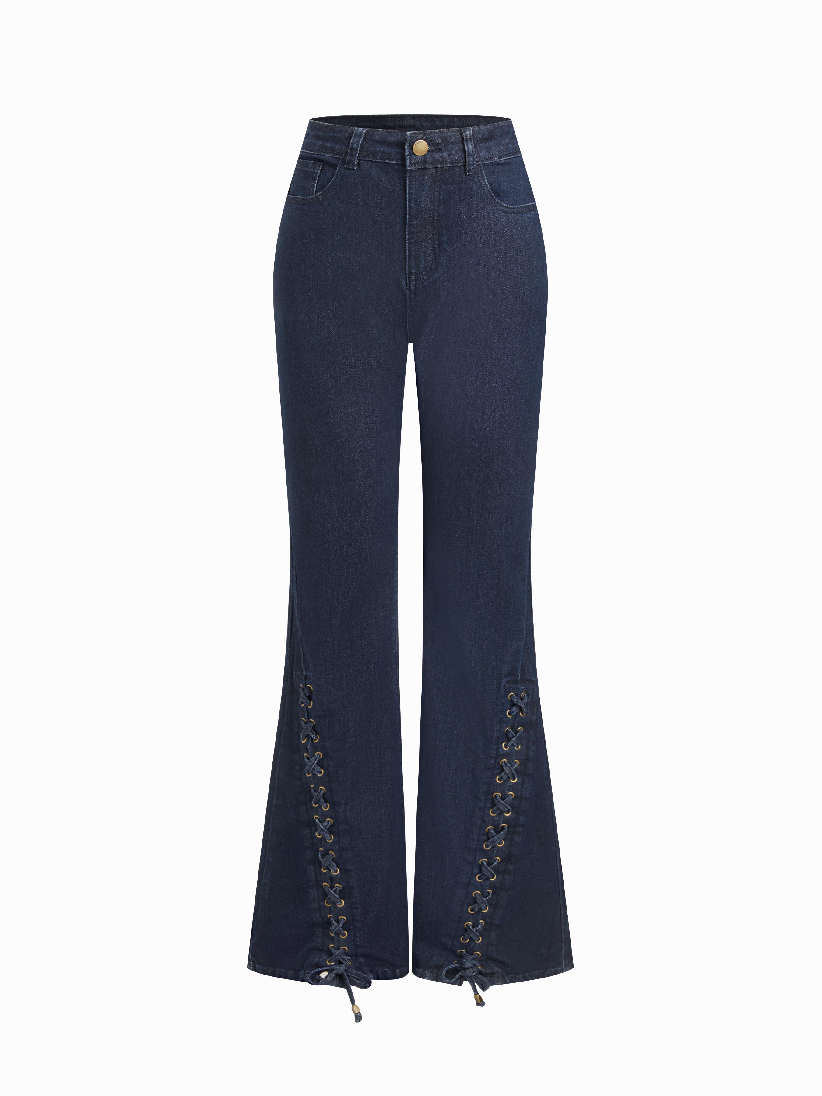 Stretch Cider Denim Mid Rise Knotted Lace Up Flared Trousers by CIDER