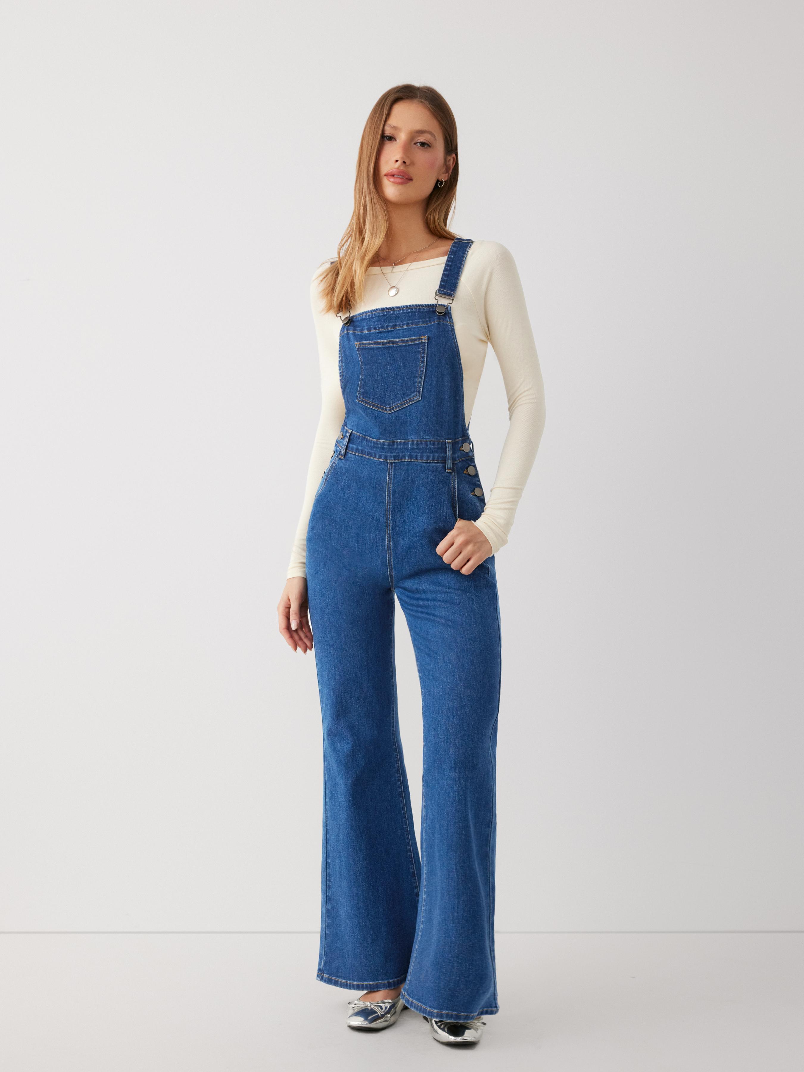 Stretch Denim Buckle Up Flared Jumpsuit by CIDER