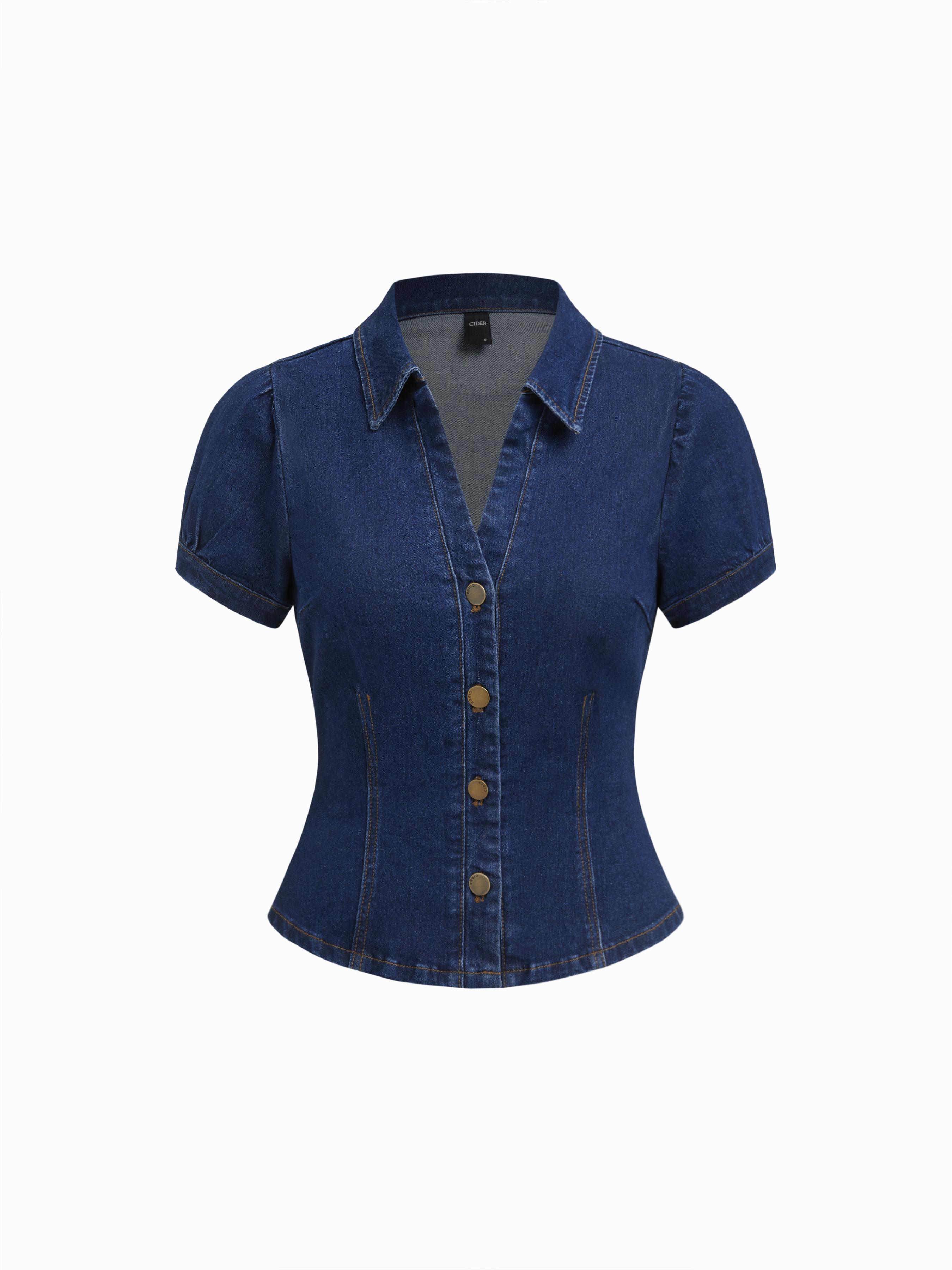 Stretch Denim Collar V-neck Short Sleeve Blouse by CIDER