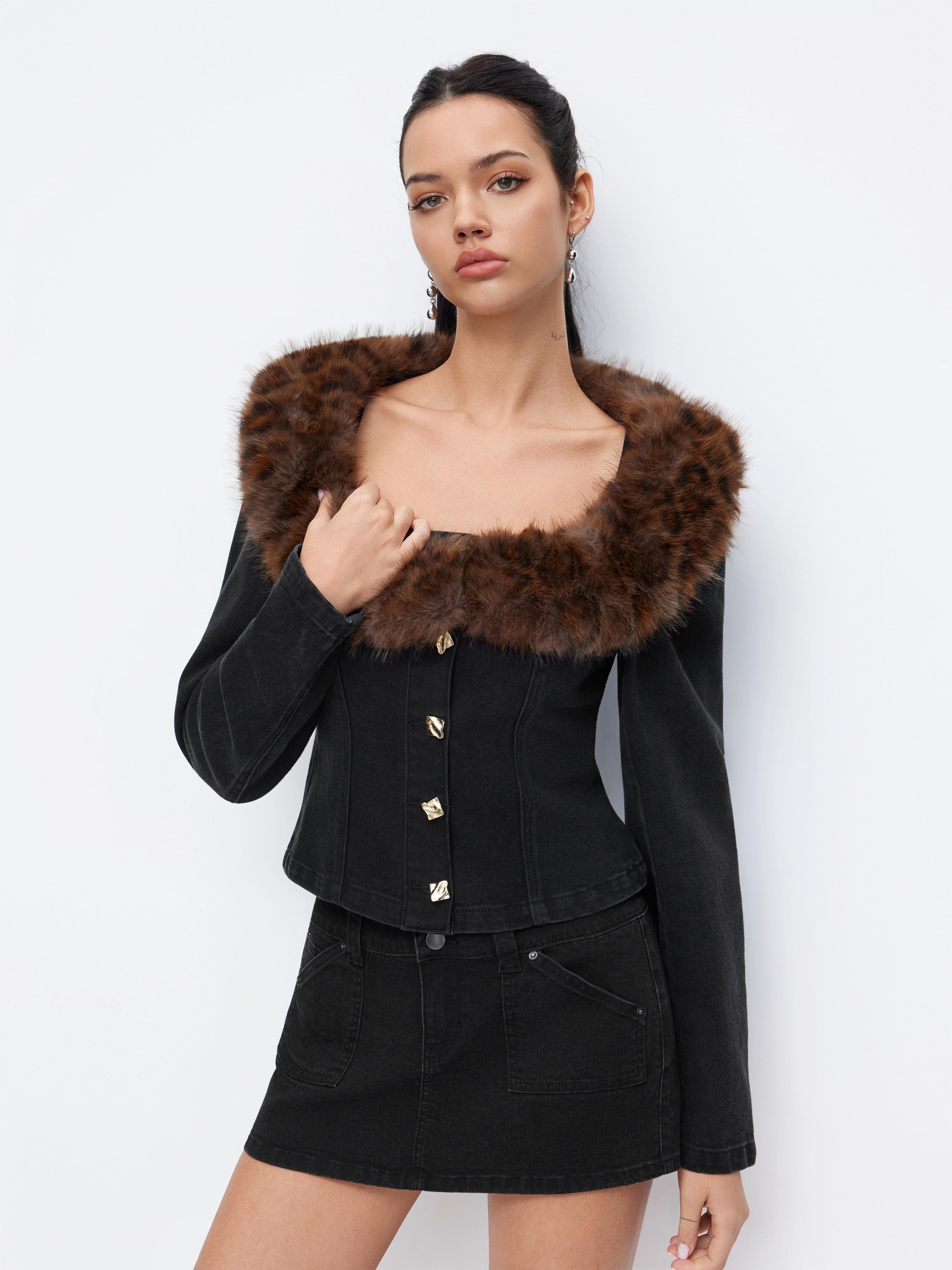 Stretch Denim Faux Fur Trim Scoop Neckline Long Sleeve Jacket by CIDER