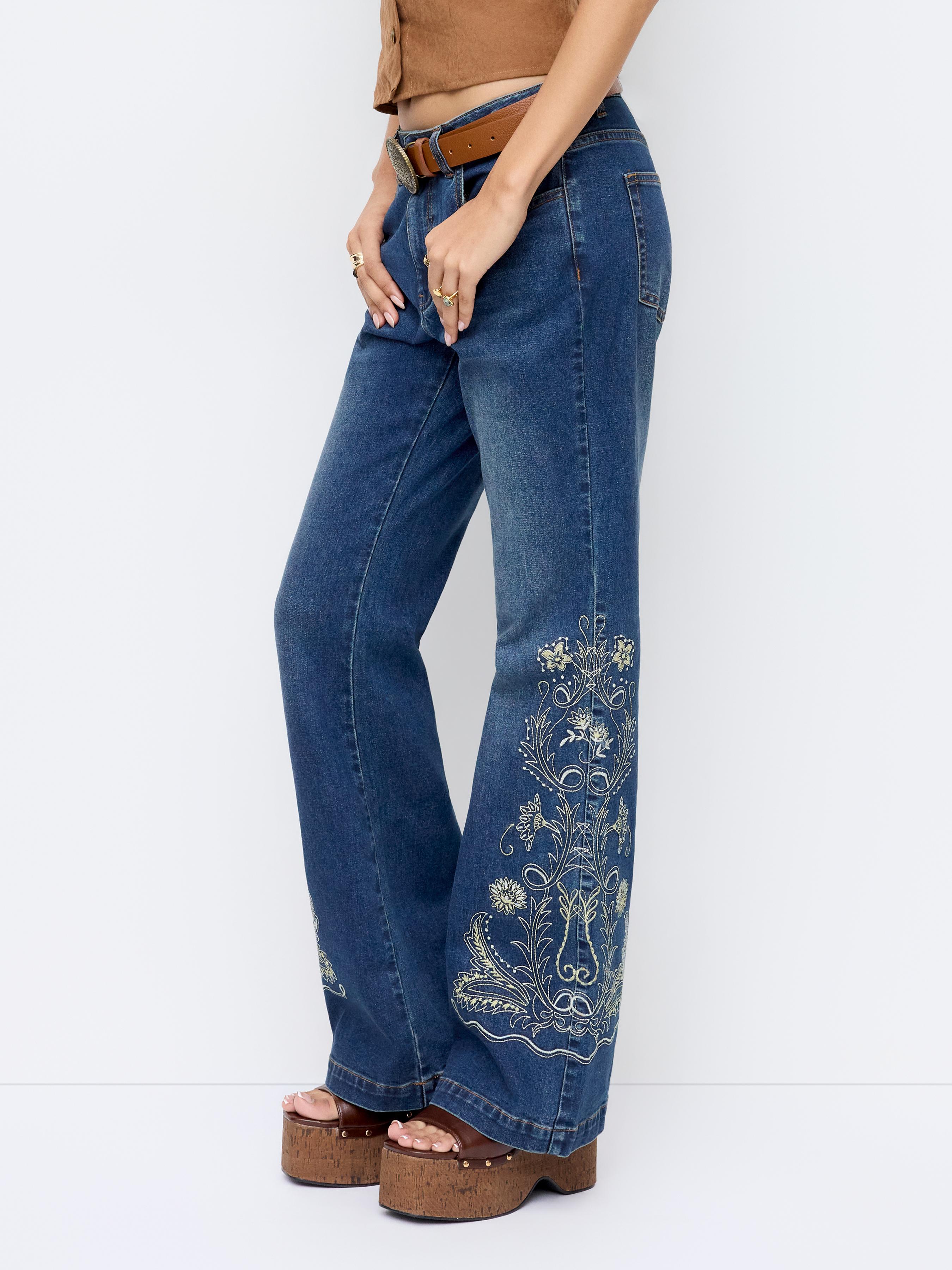 Stretch Denim Floral Embroidery High Rise Flared Trousers by CIDER