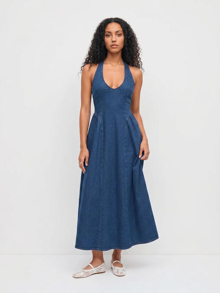 Stretch Denim Halter Neckline Washed A-line Maxi Dress by CIDER
