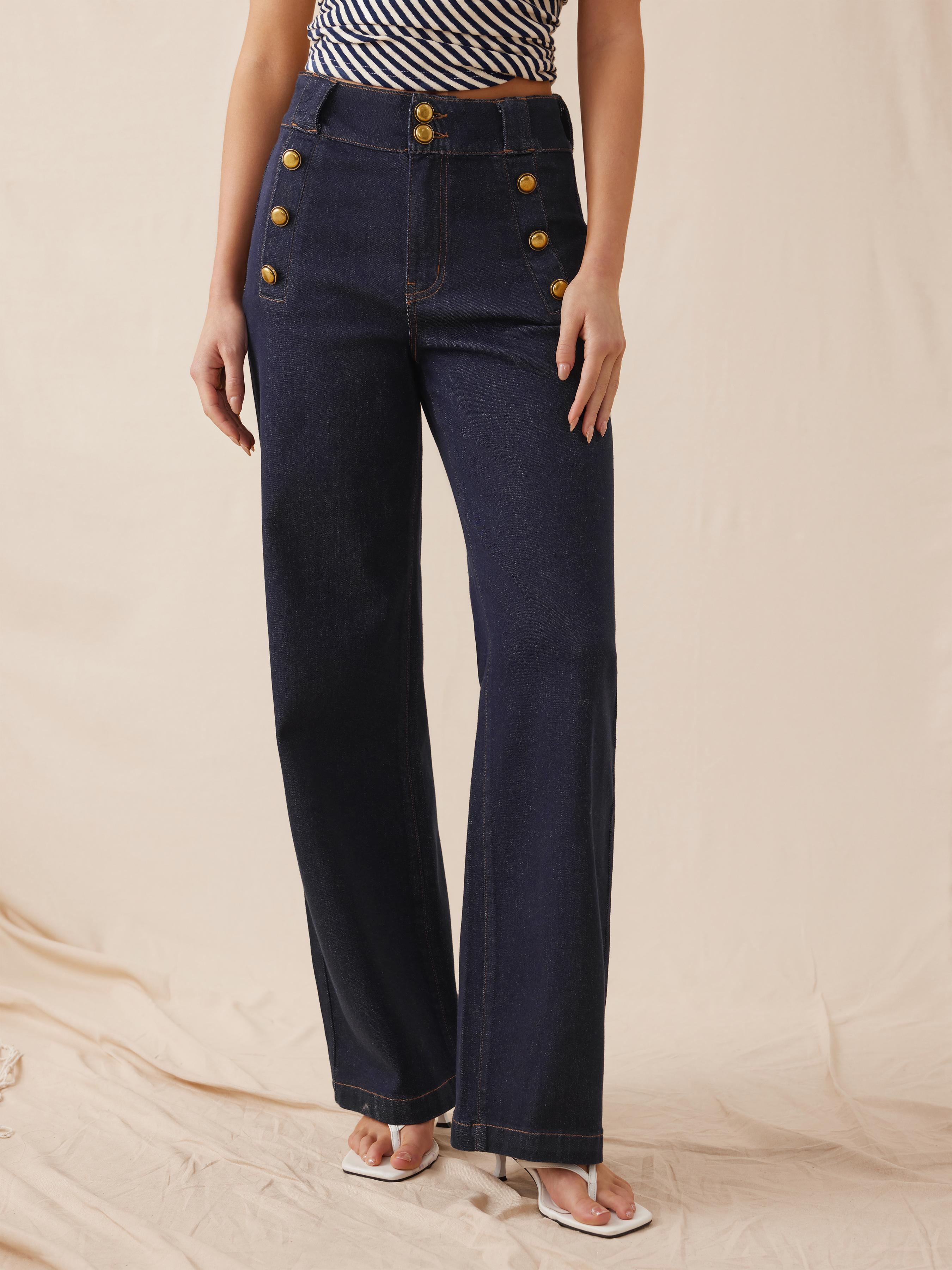 Stretch Denim High Rise Straight Leg Trousers With Metal Detail by CIDER