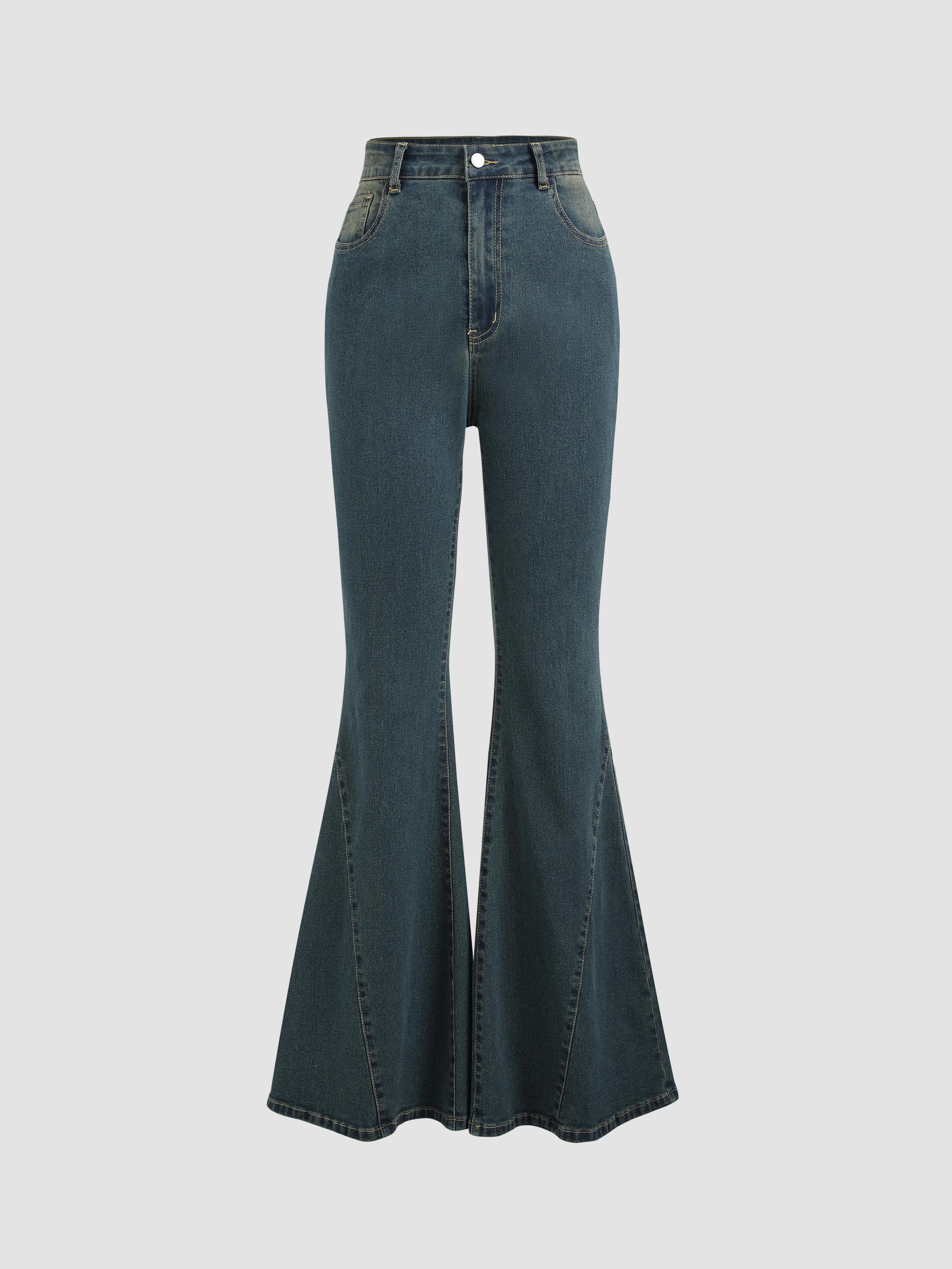 Stretch Denim High Waist Button Flared Jeans by CIDER