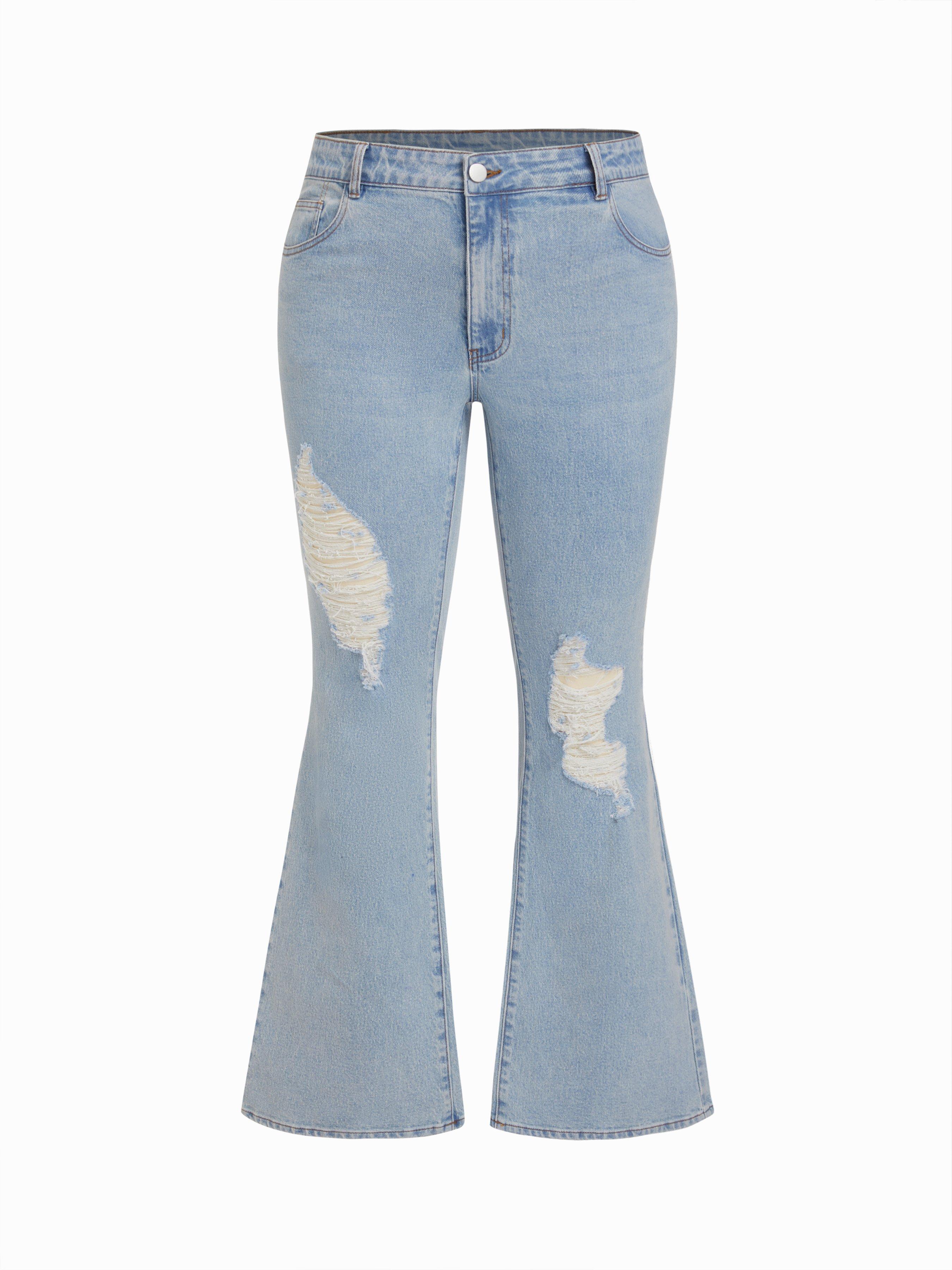 Stretch Denim Low Rise Ripped Flared Jeans Curve & Plus by CIDER