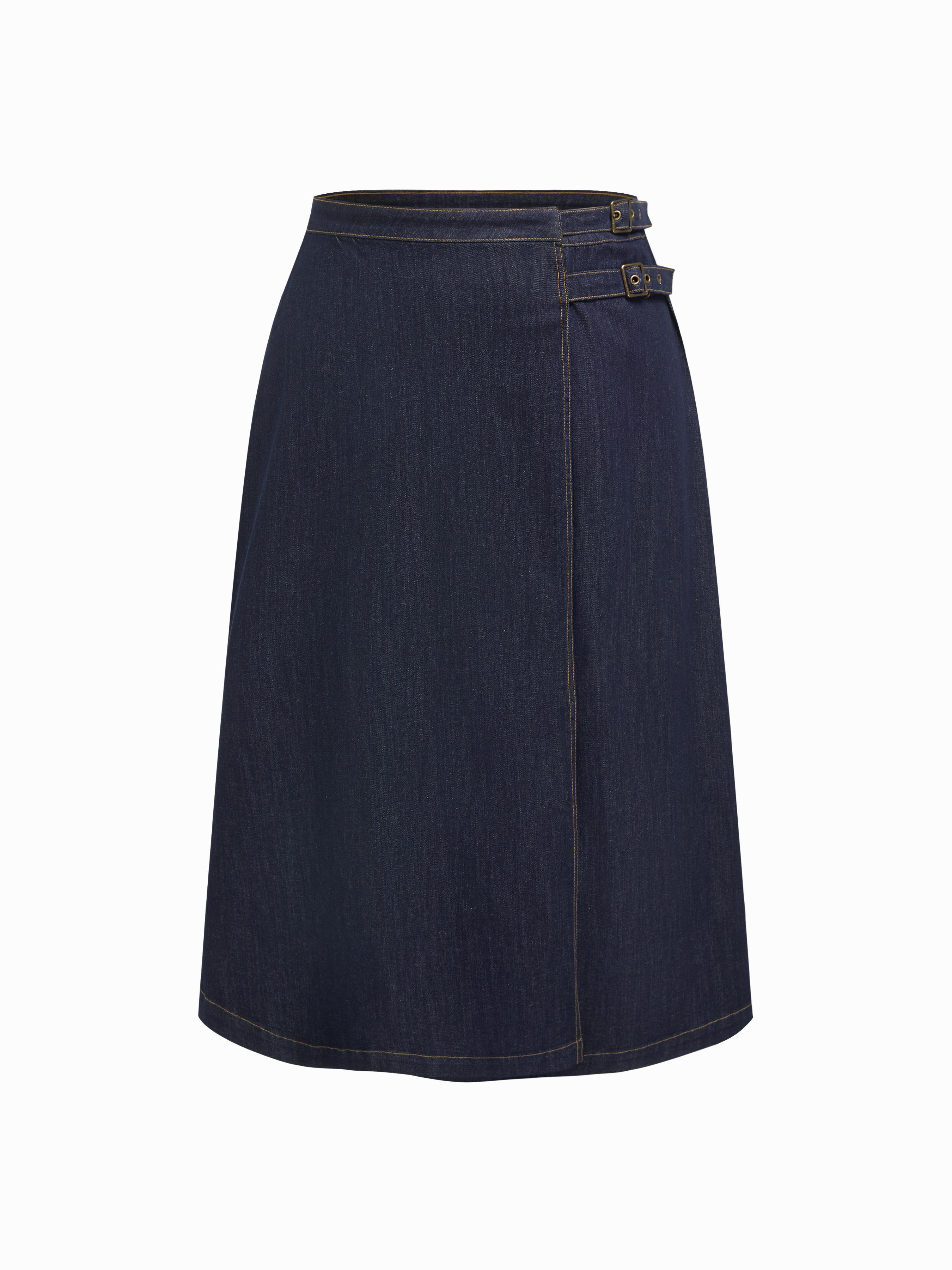 Stretch Denim Mid Rise A-line Belted Maxi Skirt Curve & Plus by CIDER