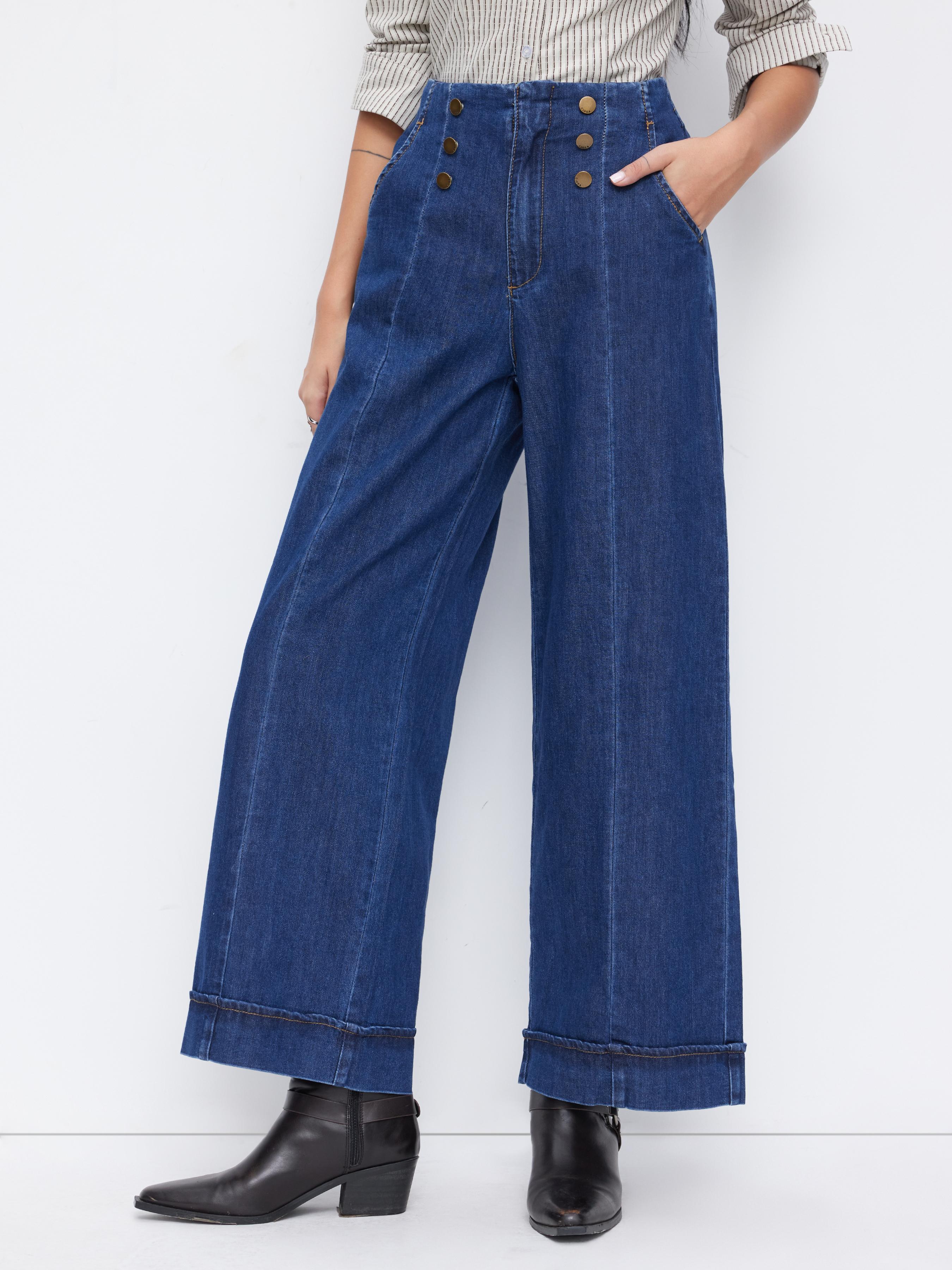 Stretch Denim Mid Rise Button Wide Leg Jeans by CIDER