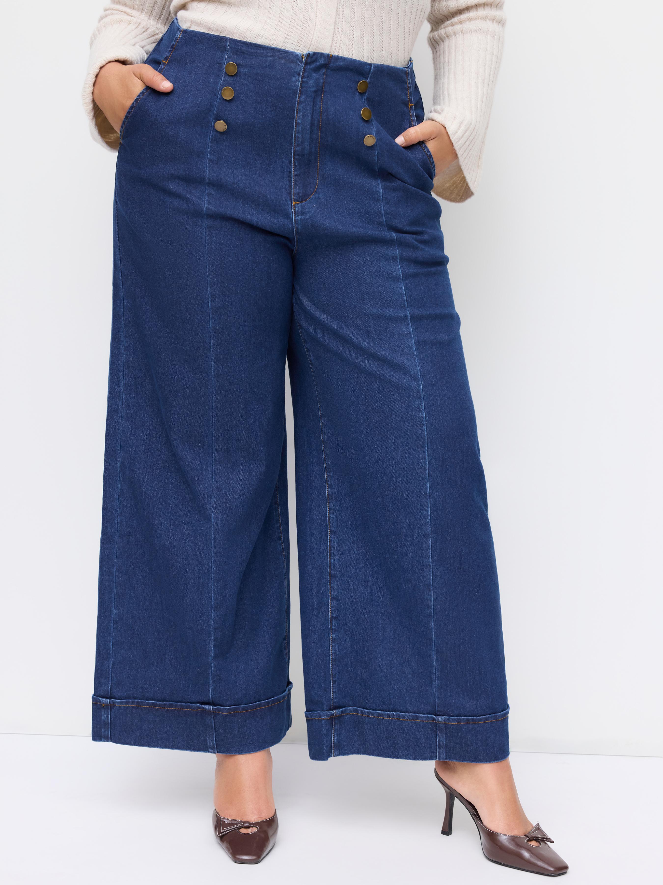 Stretch Denim Mid Rise Roll Hem Button Wide Leg Jeans Curve & Plus by CIDER
