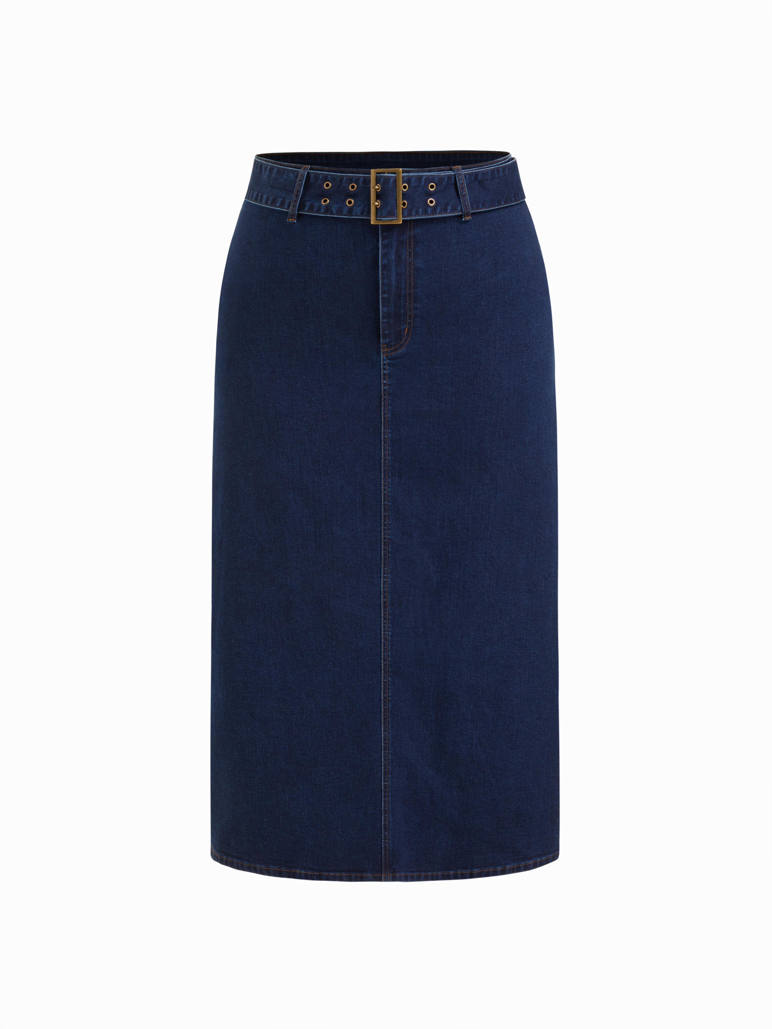 Stretch Denim Mid Rise Split Back Maxi Skirt With Belt Curve & Plus by CIDER