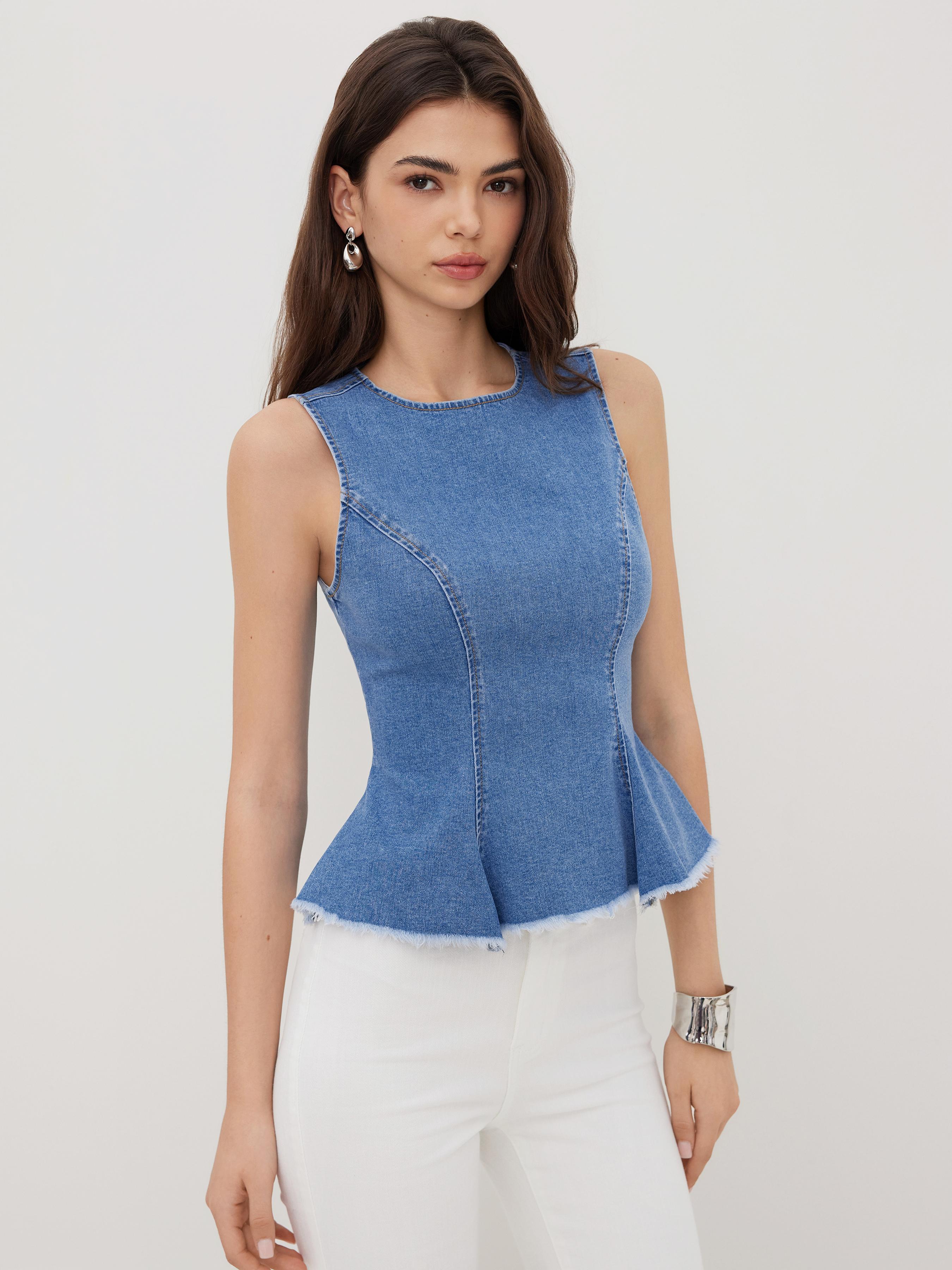 Stretch Denim Round Neckline Pleated Top by CIDER