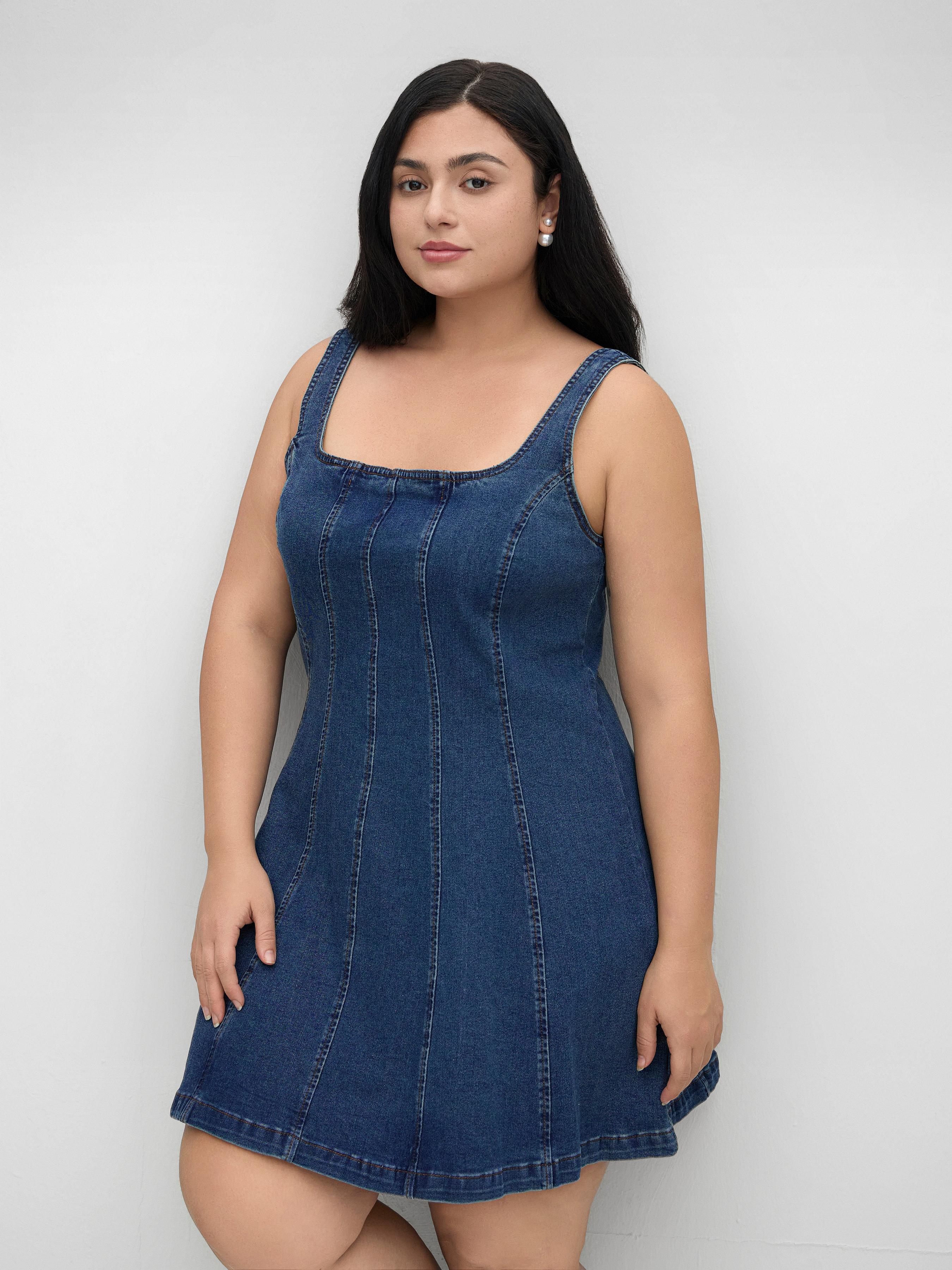 Stretch Denim Square Neck Zipper Dress Curve & Plus by CIDER