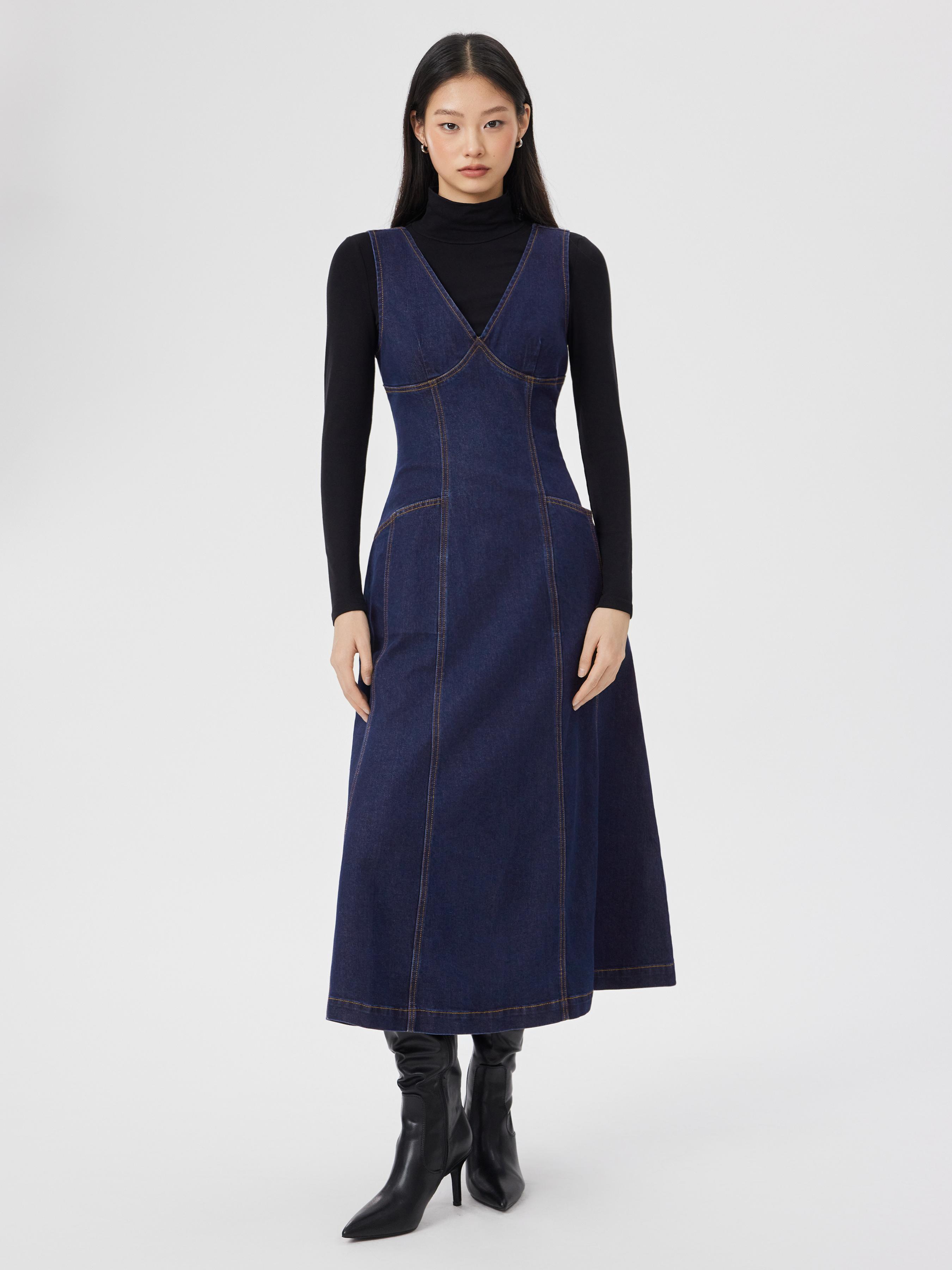 Stretch Denim V-Neck Flared Maxi Dress by CIDER